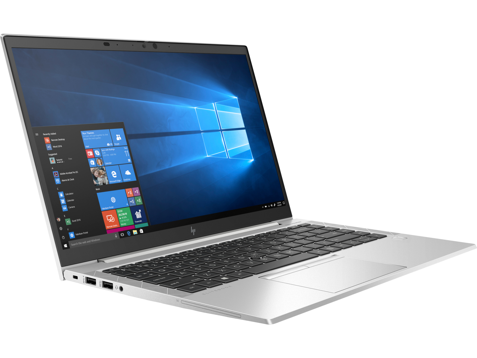 Silberner Laptop, geöffnet, auf weißer Oberfläche, Windows-Desktop anzeigend.