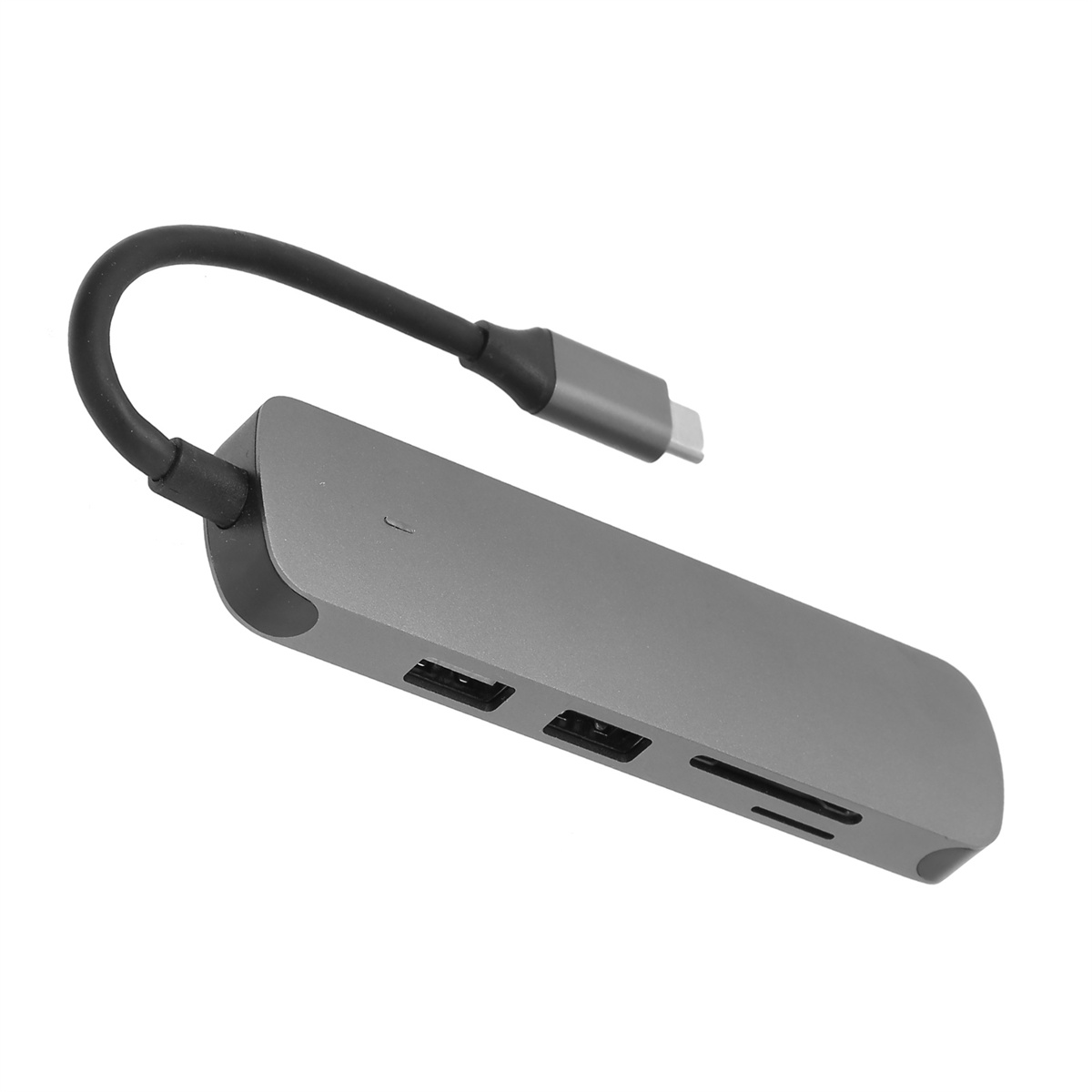 Grauer Multi-Port-Adapter mit USB und anderen Anschlüssen, mit angeschlossenem Kabel.