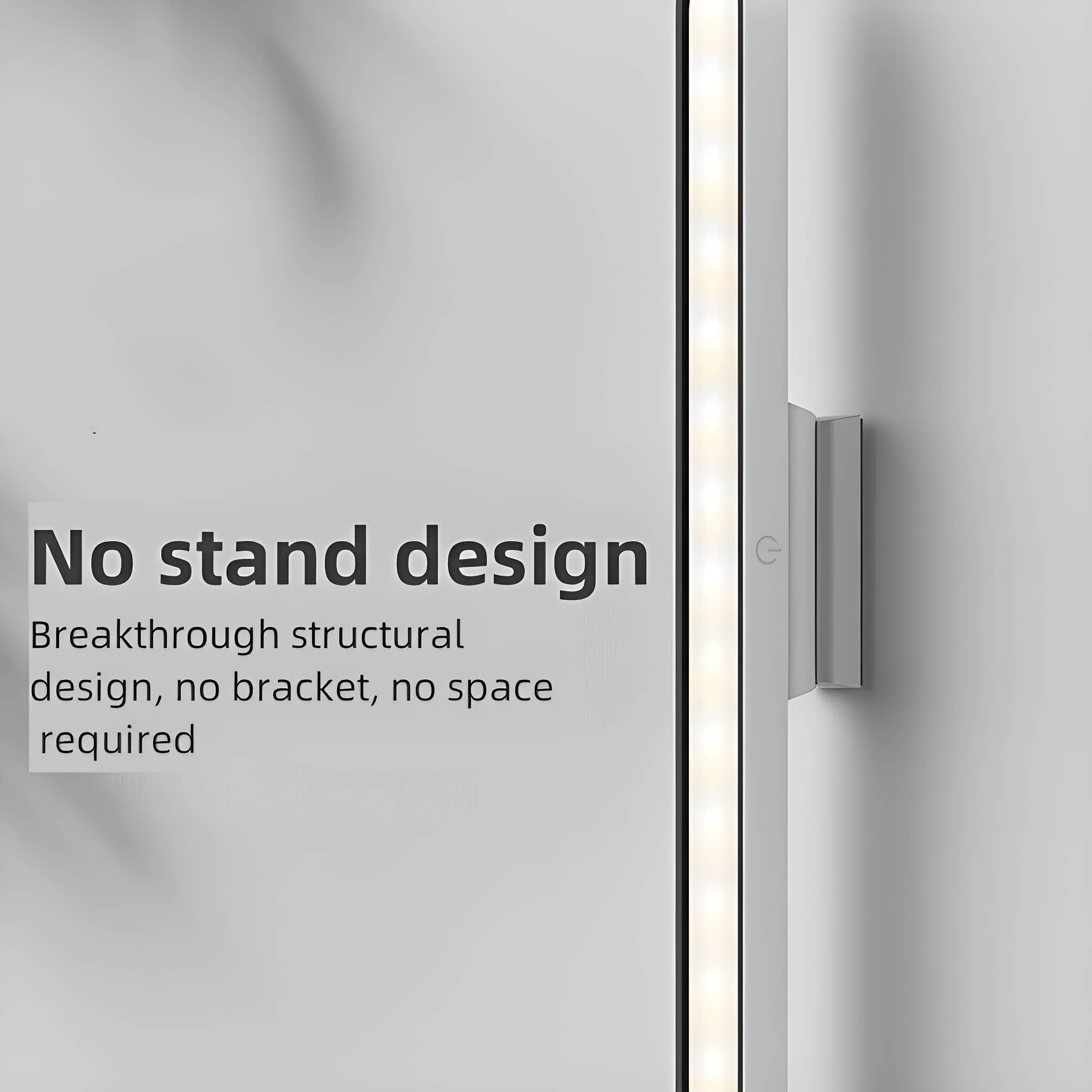 Eine weiße Wand mit einem installierten LED-Streifenlicht. Der Text lautet 'No stand design'.