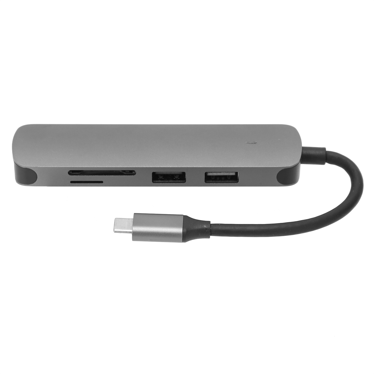 Ein grauer USB-C-Hub mit mehreren Anschlüssen: SD-Kartenleser, USB-A und ein USB-C-Anschluss.