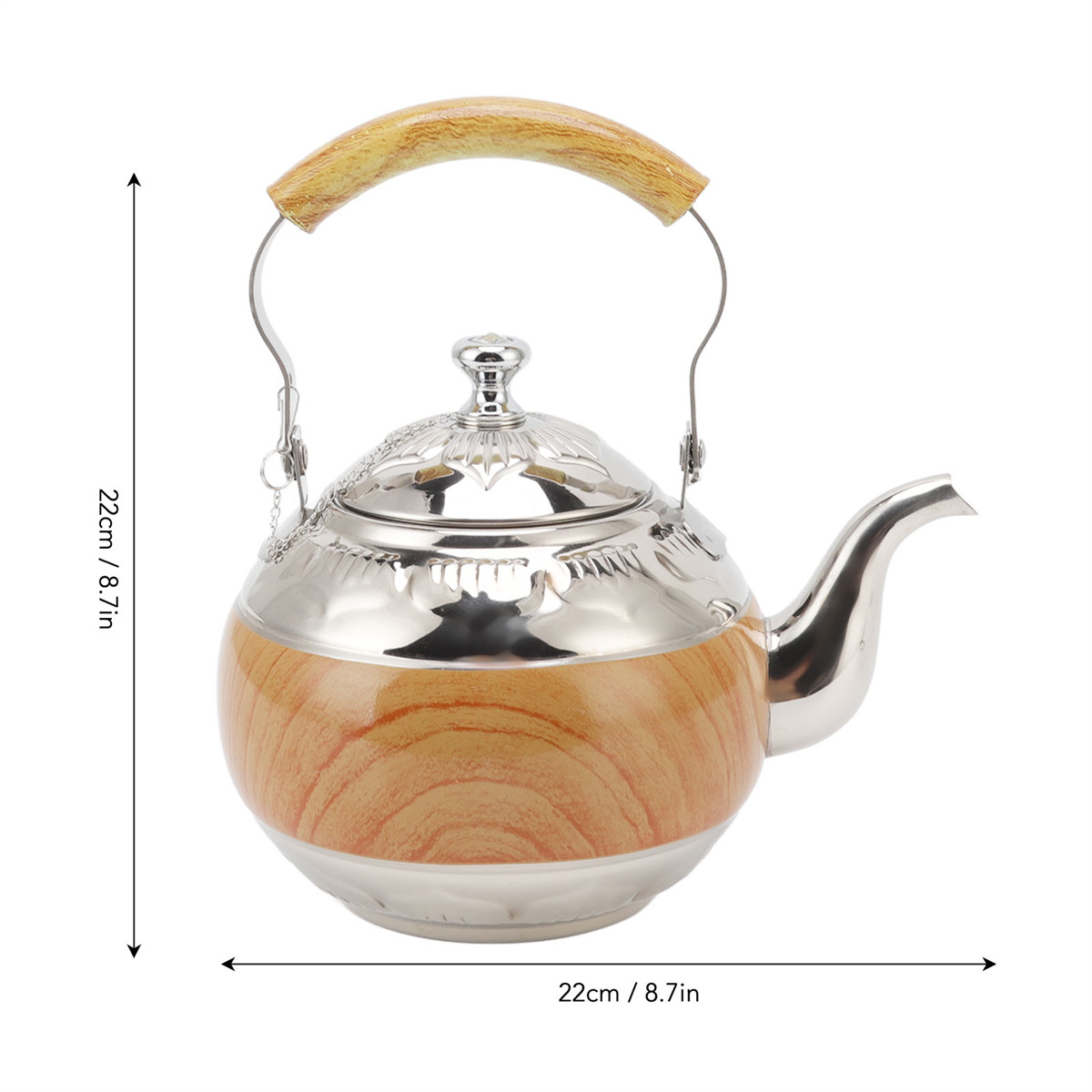Eine silberne Edelstahl-Teekanne mit Holzgriff und gemustertem Körper.