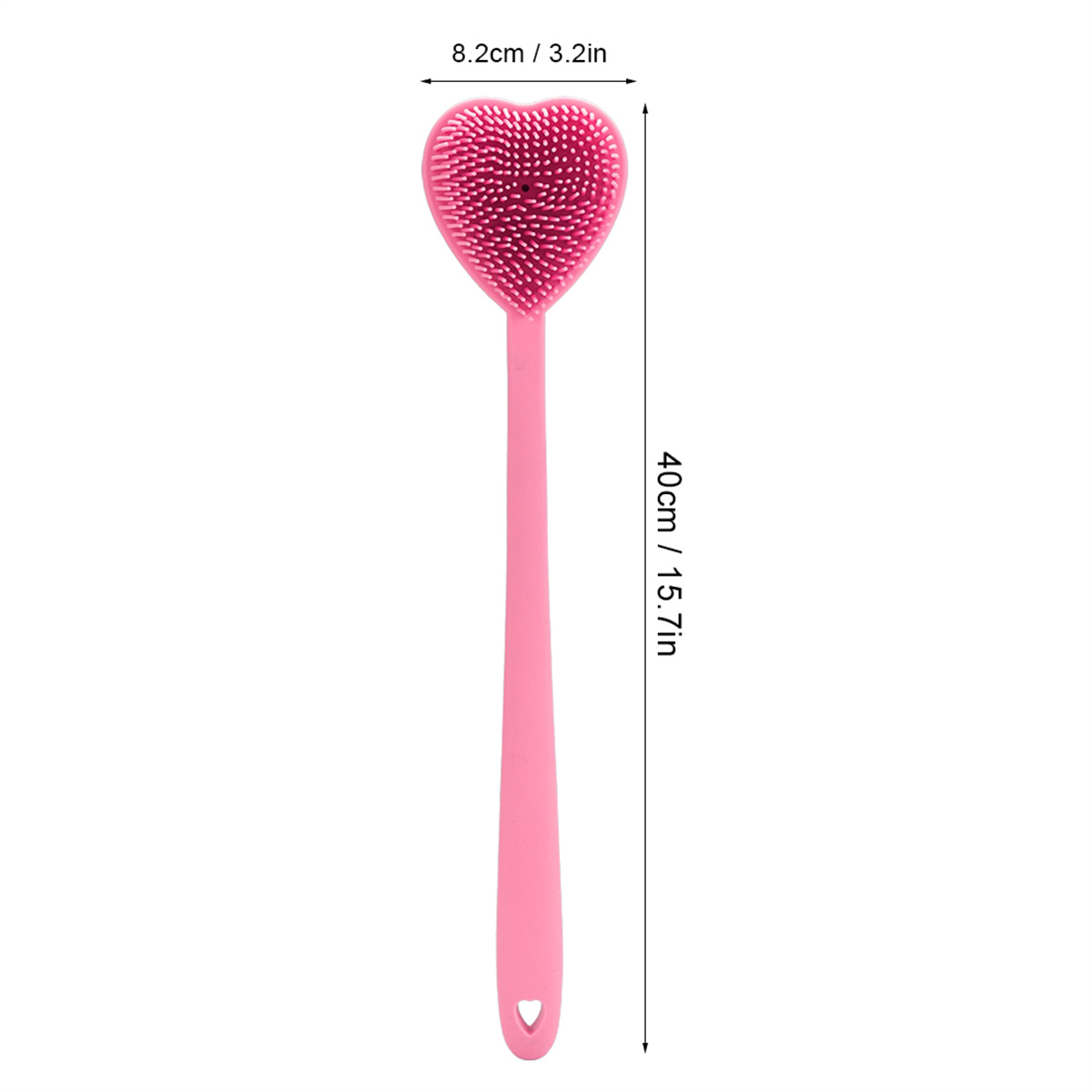 Rosa herzförmige Rückenbürste mit langem Griff, Maße angegeben.