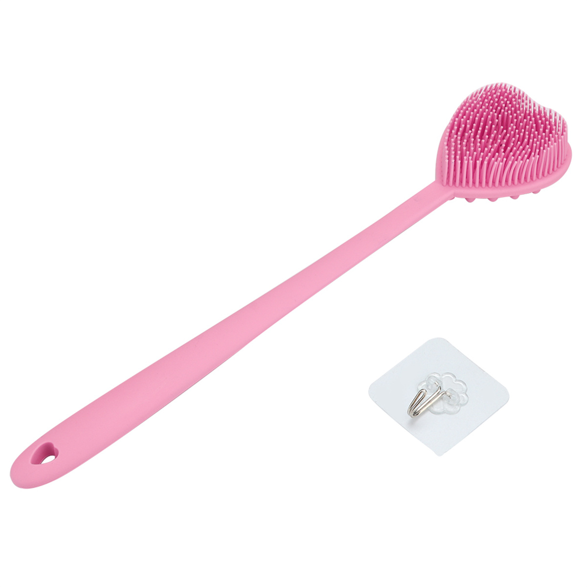 Eine rosa, herzförmige Rückenbürste mit langem Griff und einem Klebehaken.