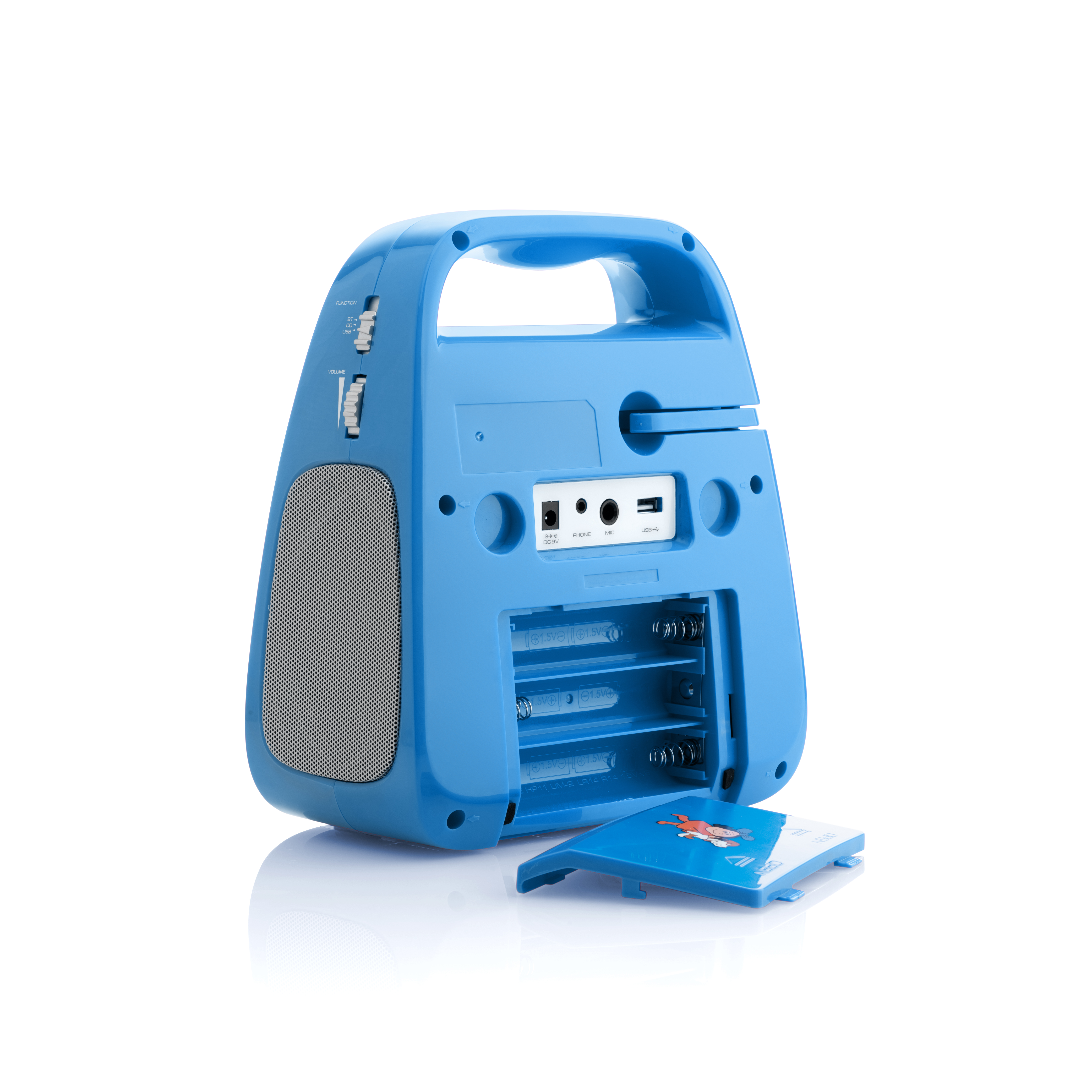 Ein blauer tragbarer Lautsprecher mit offenem Batteriefach, Batterien zeigend.