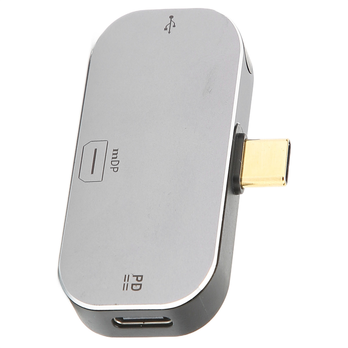 Ein silberner Adapter mit mehreren Anschlüssen, darunter USB und Typ-C, auf weißem Hintergrund.
