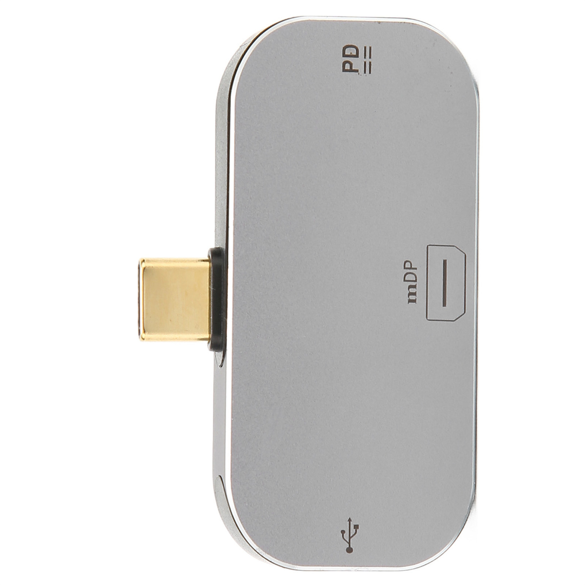 Silberner USB-C-zu-mDP-Adapter. Der mDP-Anschluss ist sichtbar.