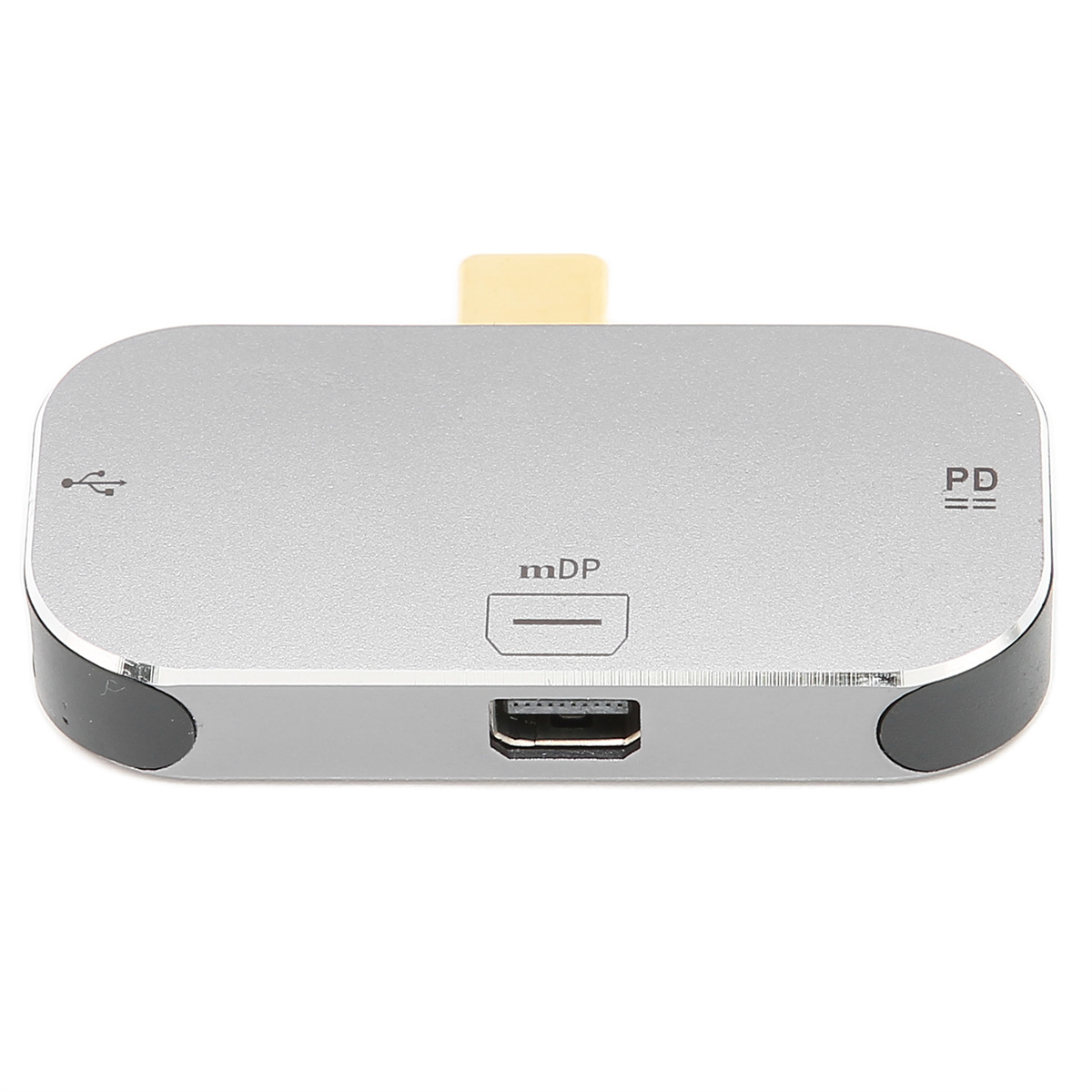 Silberner USB-C-Hub mit USB-, mDP- und PD-Anschlüssen.
