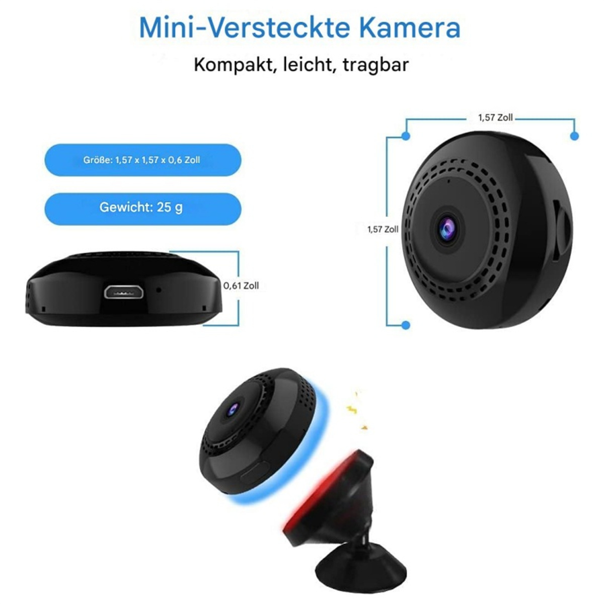Schwarze Mini-Kamera mit Abmessungen und Gewichtsangaben, sowie roter Basis auf weißem Grund.