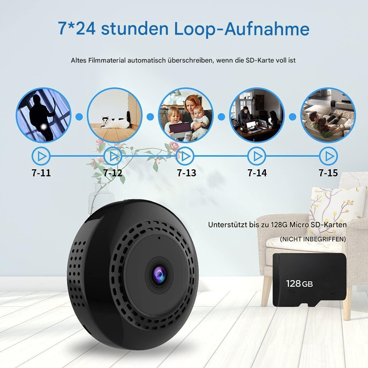 Kleine schwarze Kamera mit Diagramm, das 7-15 Tage Loop-Aufnahme mit SD-Karte und Stuhl zeigt.