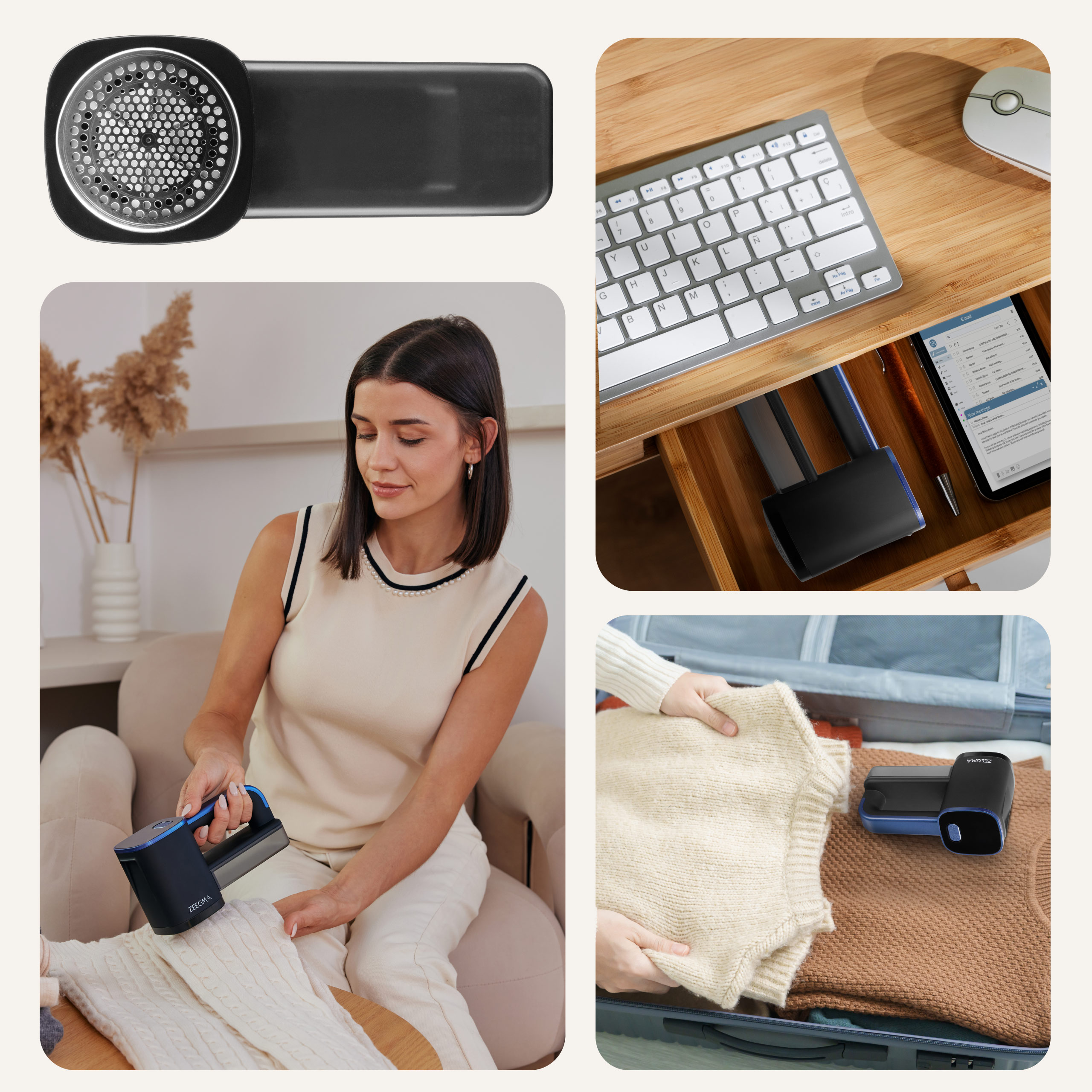 Kobieta używa odkurzacza do kłaczków na białym swetrze. Inne elementy to klawiatura, tablet i walizka.