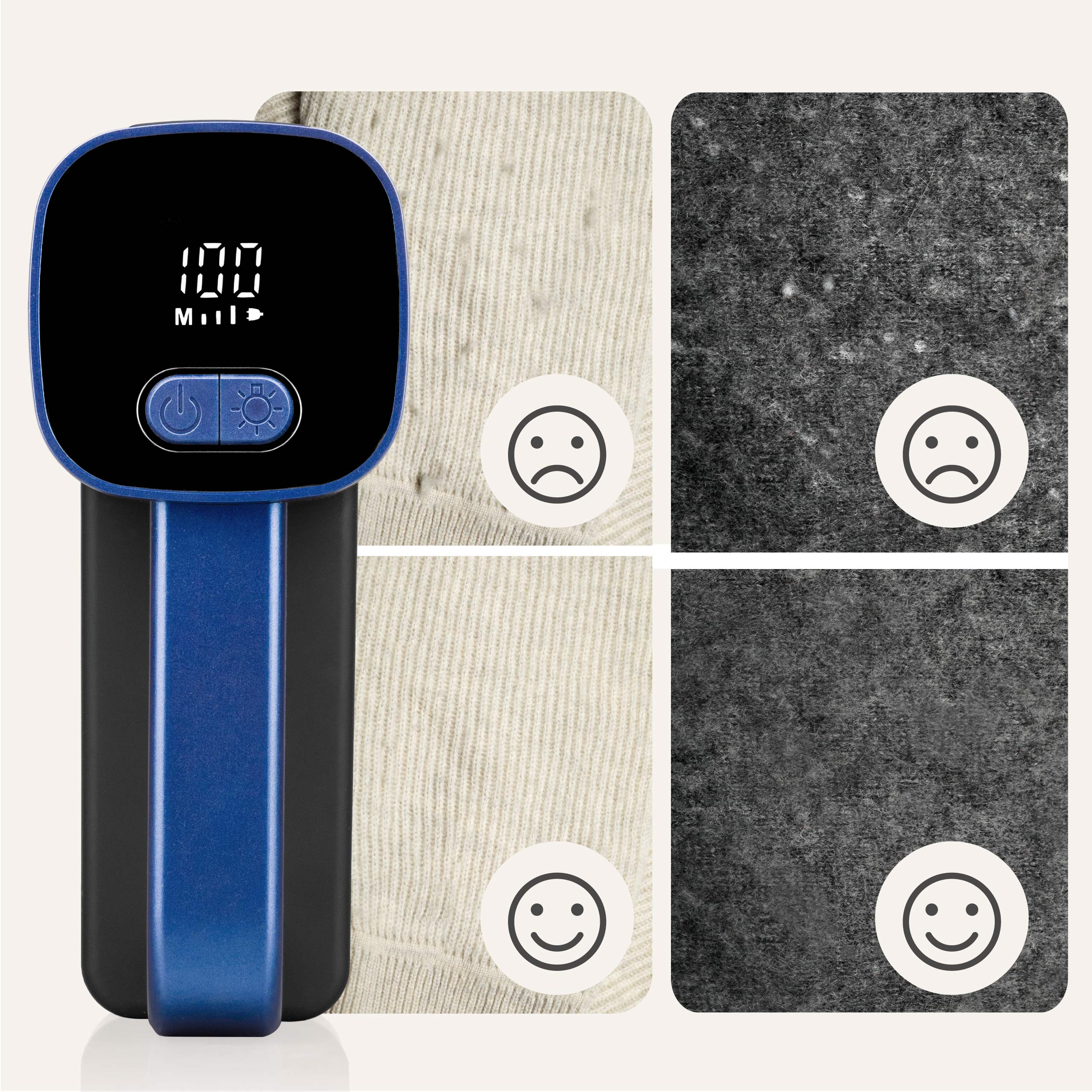 Urządzenie z wyświetlaczem, pokazujące próbki materiału z uśmiechniętymi i smutnymi twarzami.