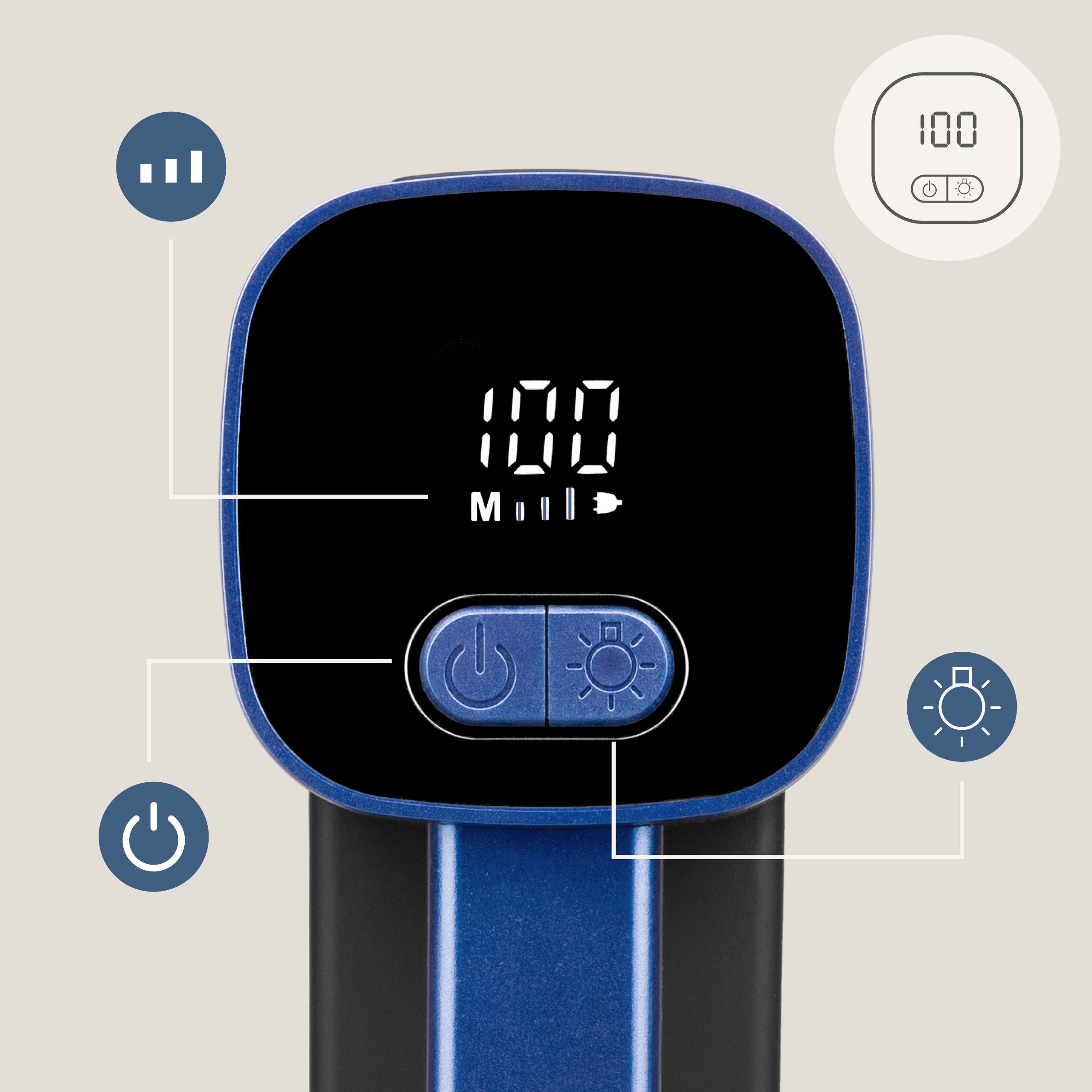 Zbliżenie urządzenia z niebieskim korpusem i czarnym ekranem wyświetlającym cyfry i ikony.