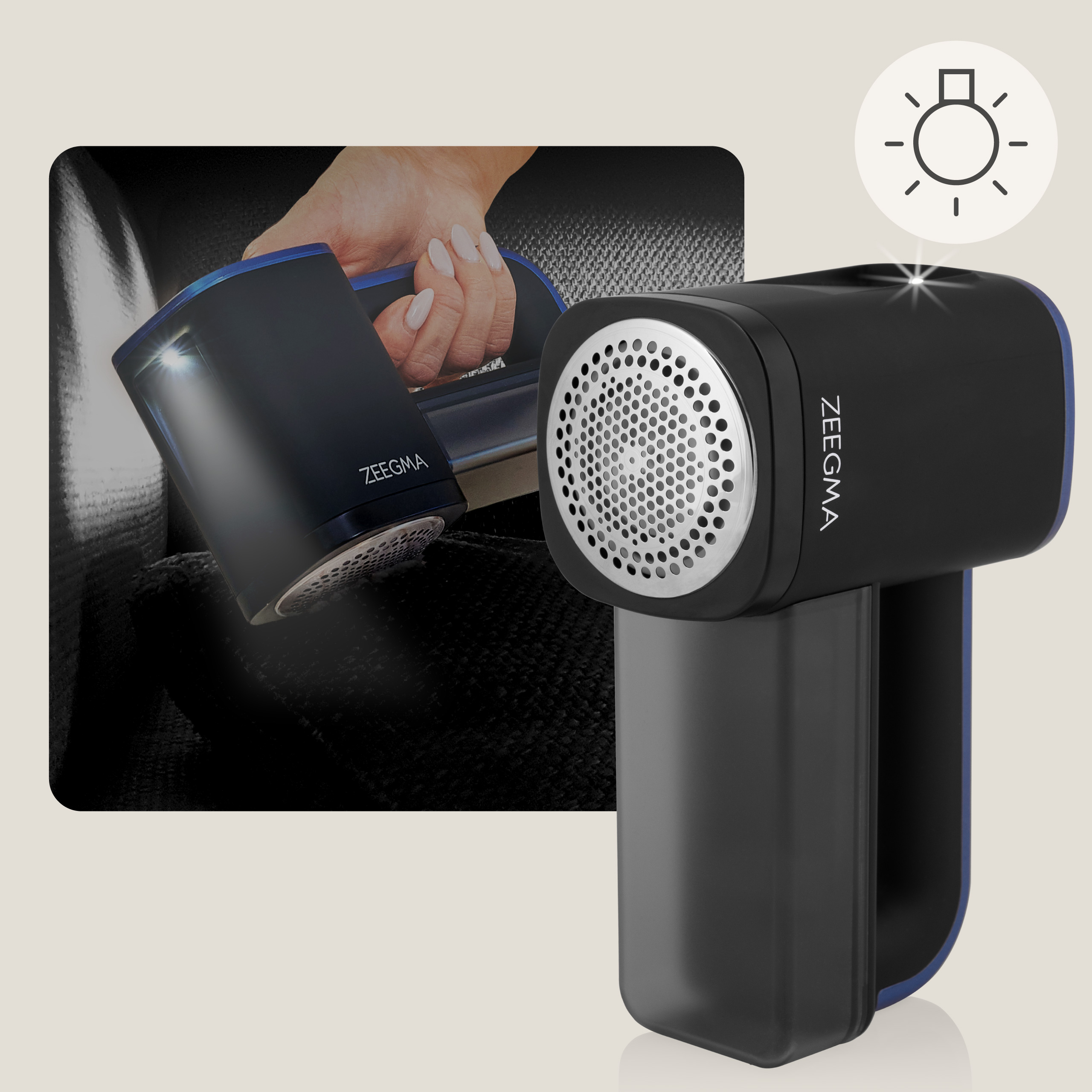 Czarna, ręczna golarka do tkanin z podświetlaną powierzchnią i zbliżeniem w użyciu, z białym tłem.