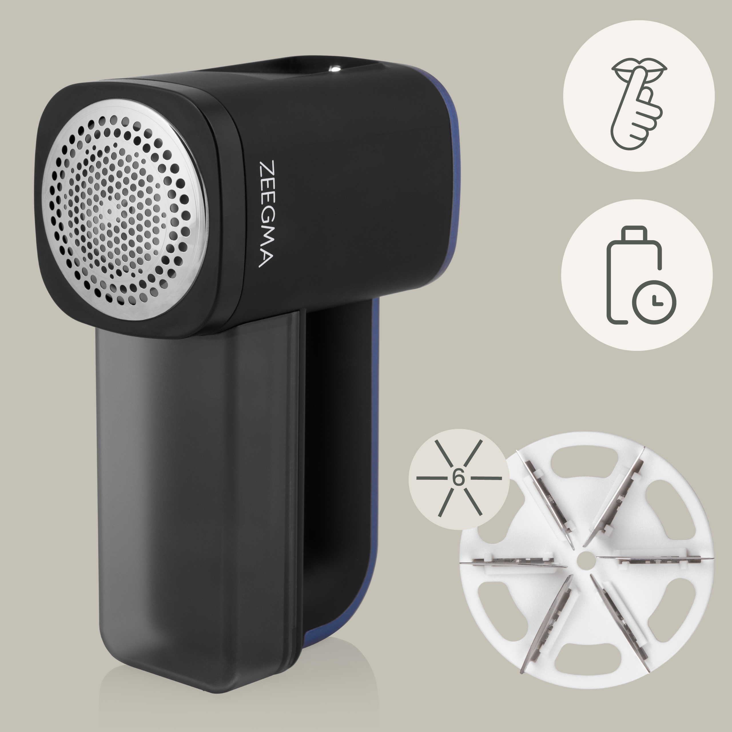 Czarna golarka do tkanin. Obok głowicy ostrza i ikon.