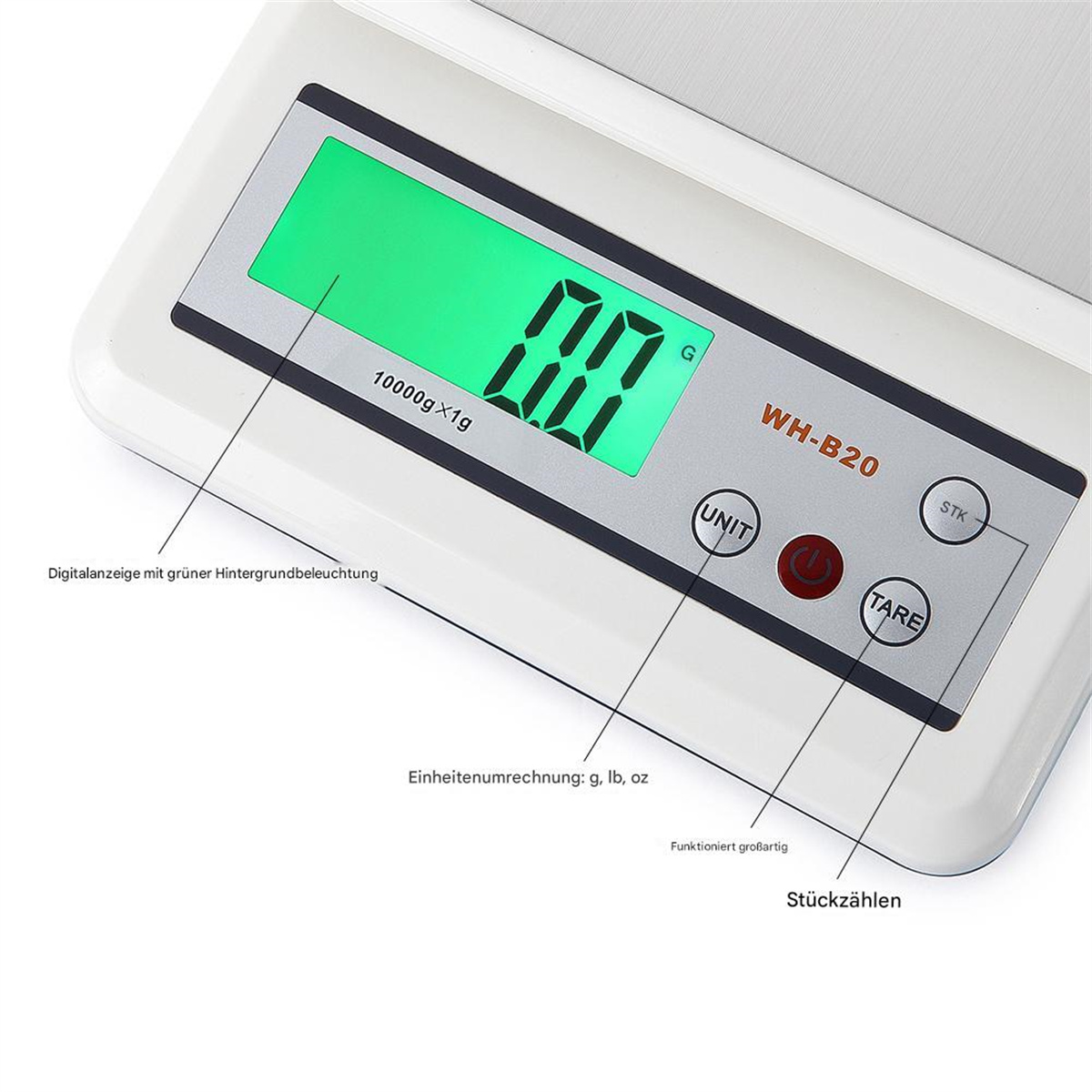 Digitale Waage mit 00.0, Knöpfen und Beschriftungen. Das Display ist grün.