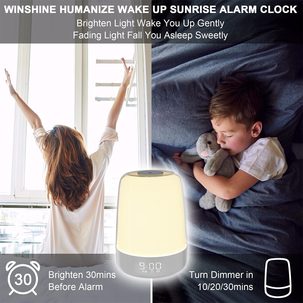 Sonnenaufgang-Wecker und Person, die aufwacht, und Kind, das mit Stofftier schläft.