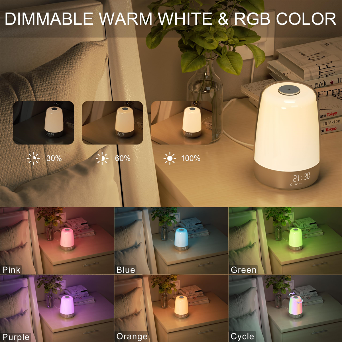 Eine Tischlampe, die verschiedene Farben und Lichtstärken anzeigt. Die Lampe steht auf einem weißen Nachttisch.