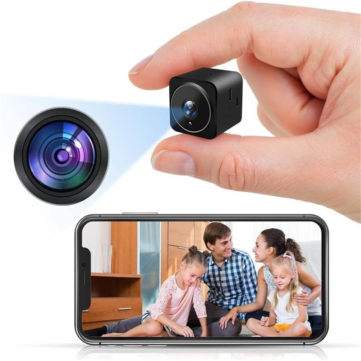 Eine kleine schwarze Kamera, die von einer Hand gehalten wird, mit einem Telefon, das eine Familienszene anzeigt.