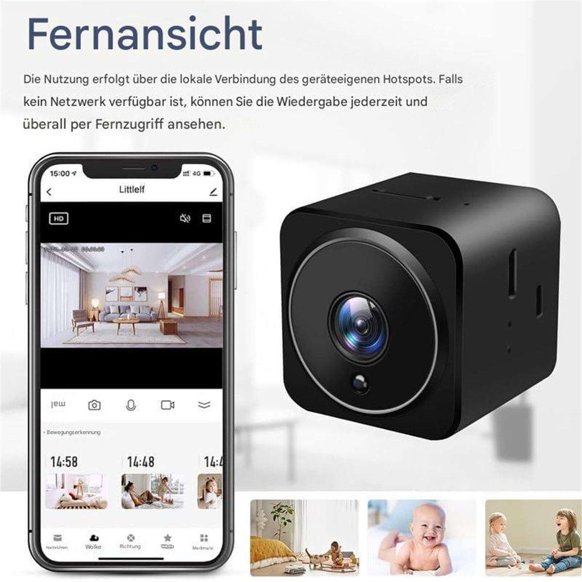 Smartphone-Bildschirm mit Kamera und Live-Video-Feed, rechts eine Kamera.