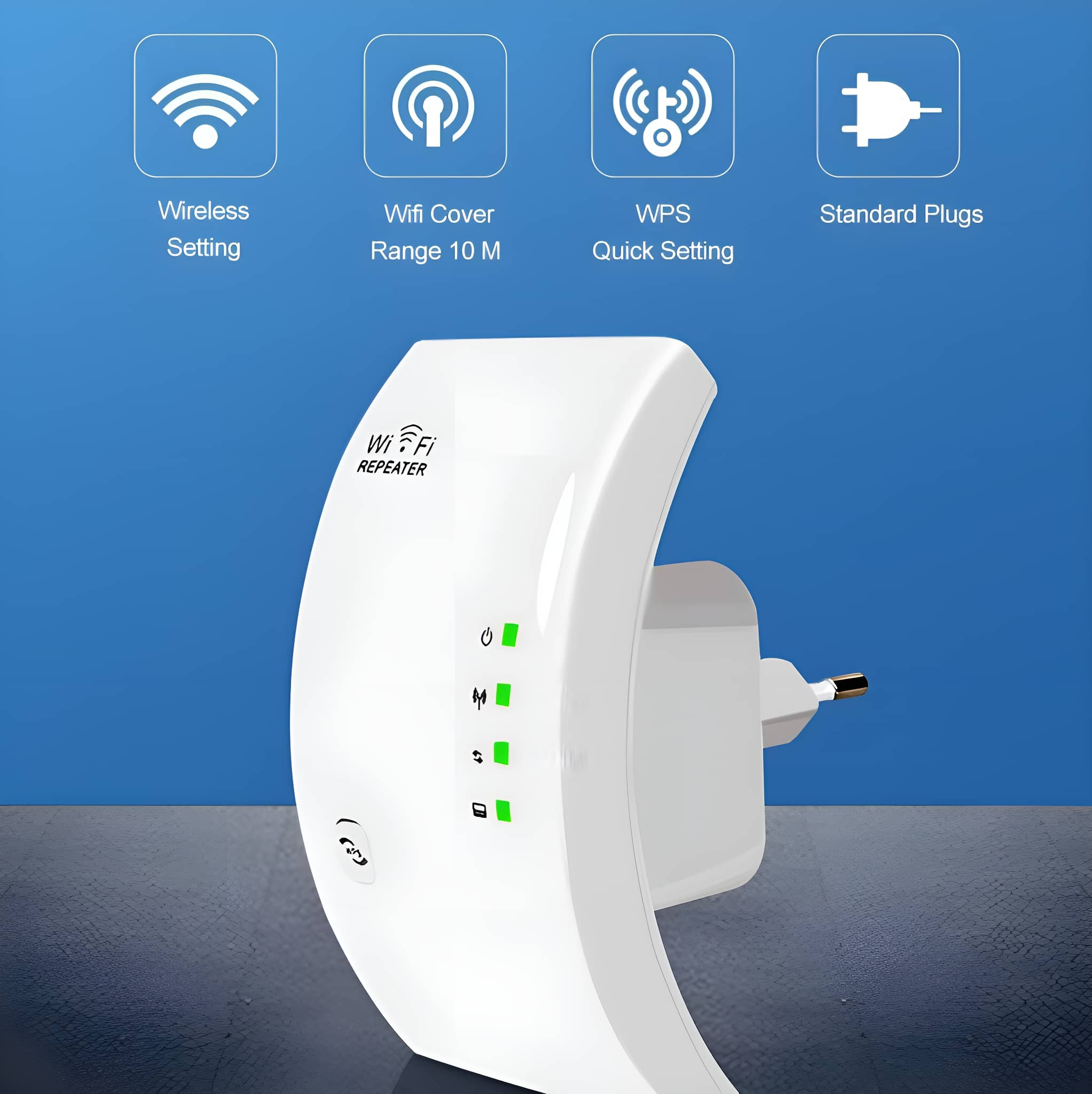 Weißer WLAN-Repeater mit Kontrollleuchten und Stecker.