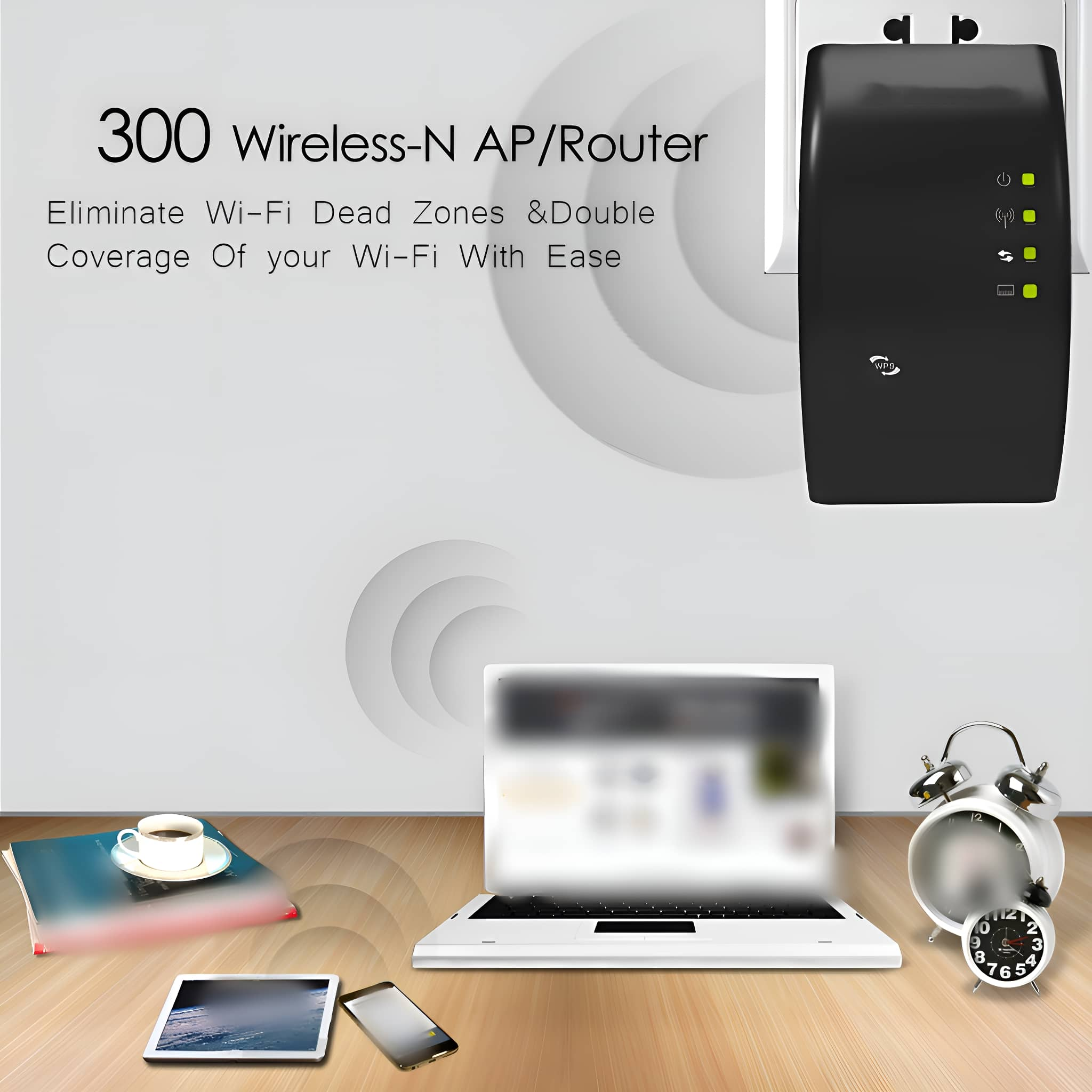 Weißer, an der Wand montierter WLAN-Repeater mit Laptop, Tablet, Telefon, Uhr und Kaffeetasse.