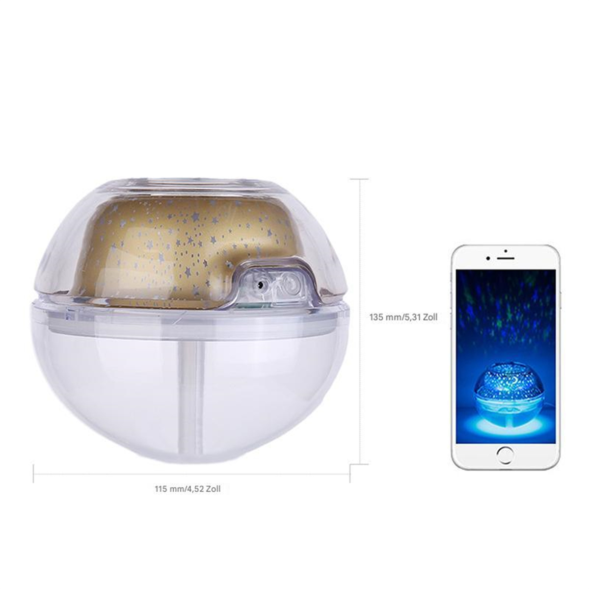 Ein kleiner Projektor neben einem Telefon. Der Projektor ist weiß und gold und hat ein sternförmiges Design.