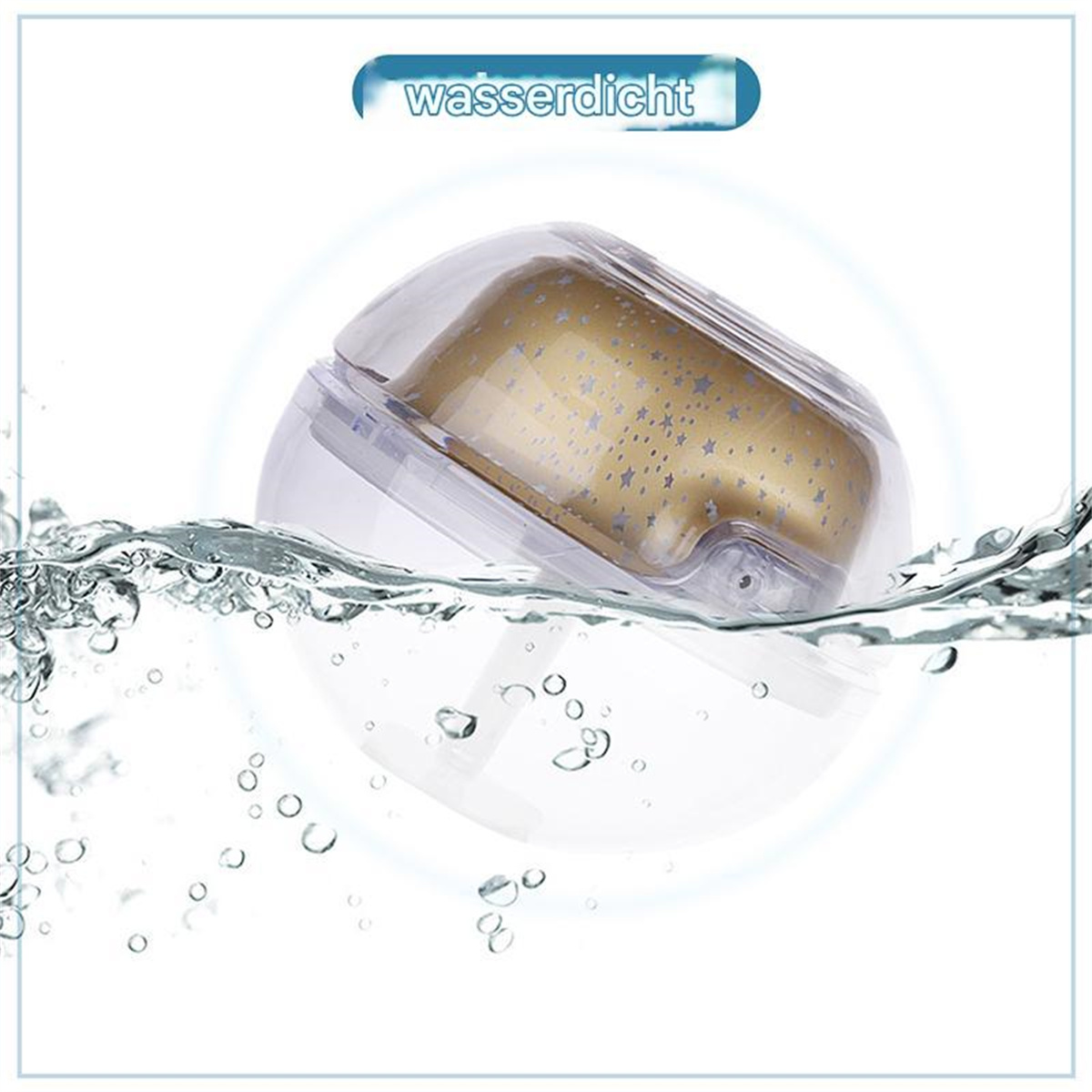 Ein transparentes Gerät, das in Wasser getaucht ist, mit einem goldfarbenen Innenraum und Sternmustern.