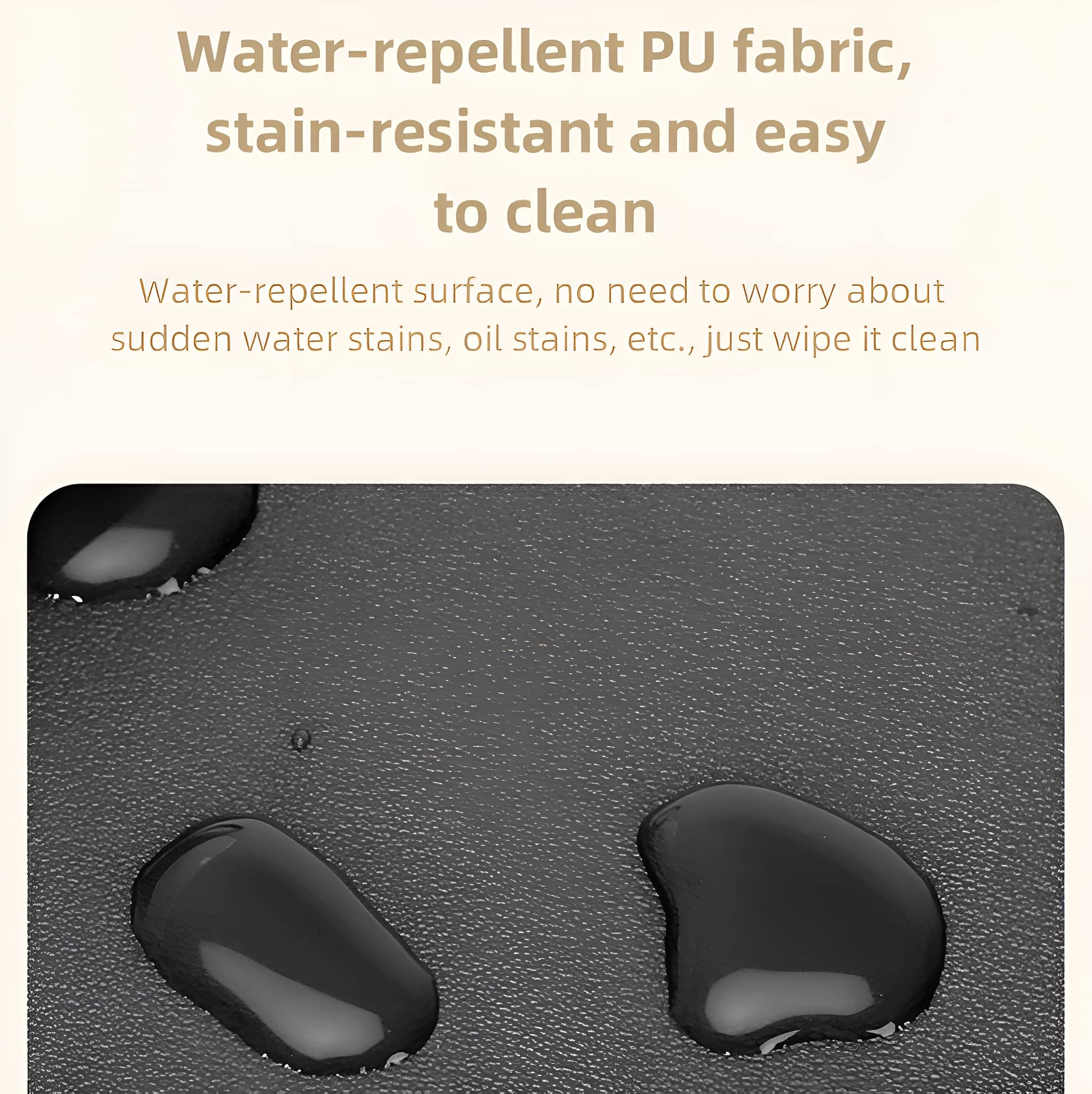 Wassertropfen auf schwarzer Oberfläche, mit Text über wasserabweisenden Stoff.