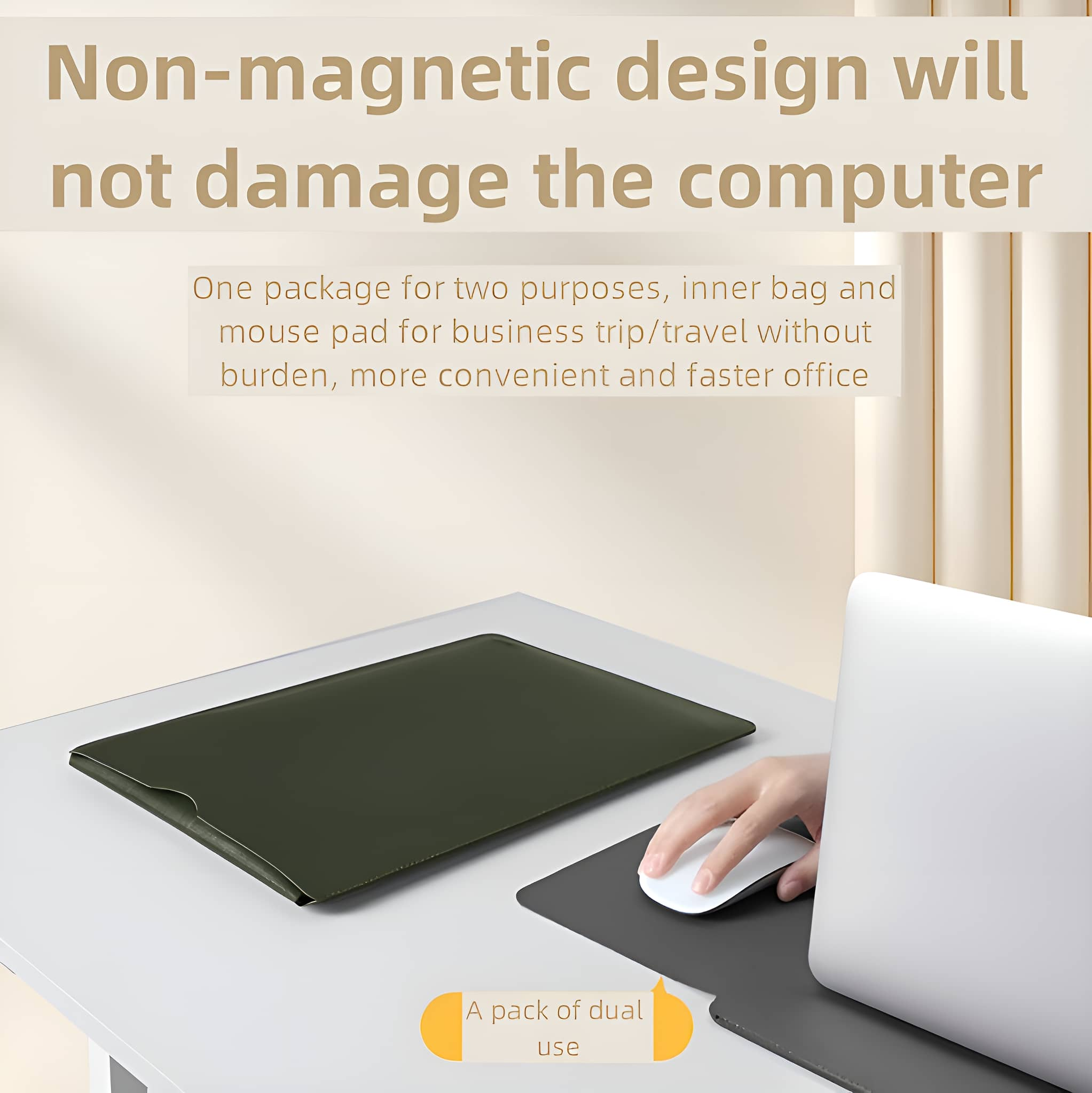 Laptop und Mauspad in einer Tasche, mit Text über nicht-magnetisches Design für den Geschäftsgebrauch.
