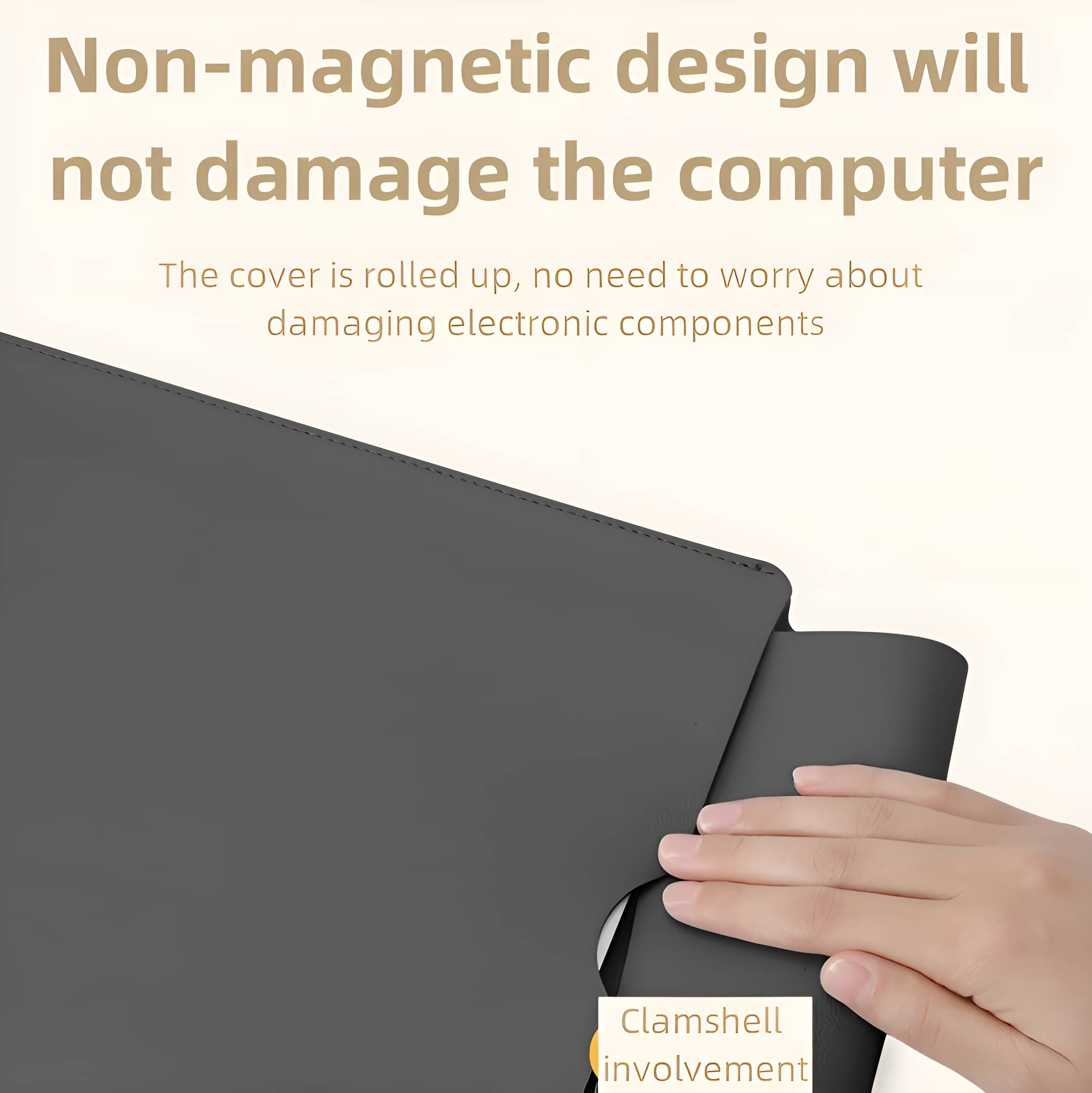 Eine schwarze Laptop-Hülle wird aufgerollt. Text: 'Nicht-magnetisches Design beschädigt den Computer nicht'.