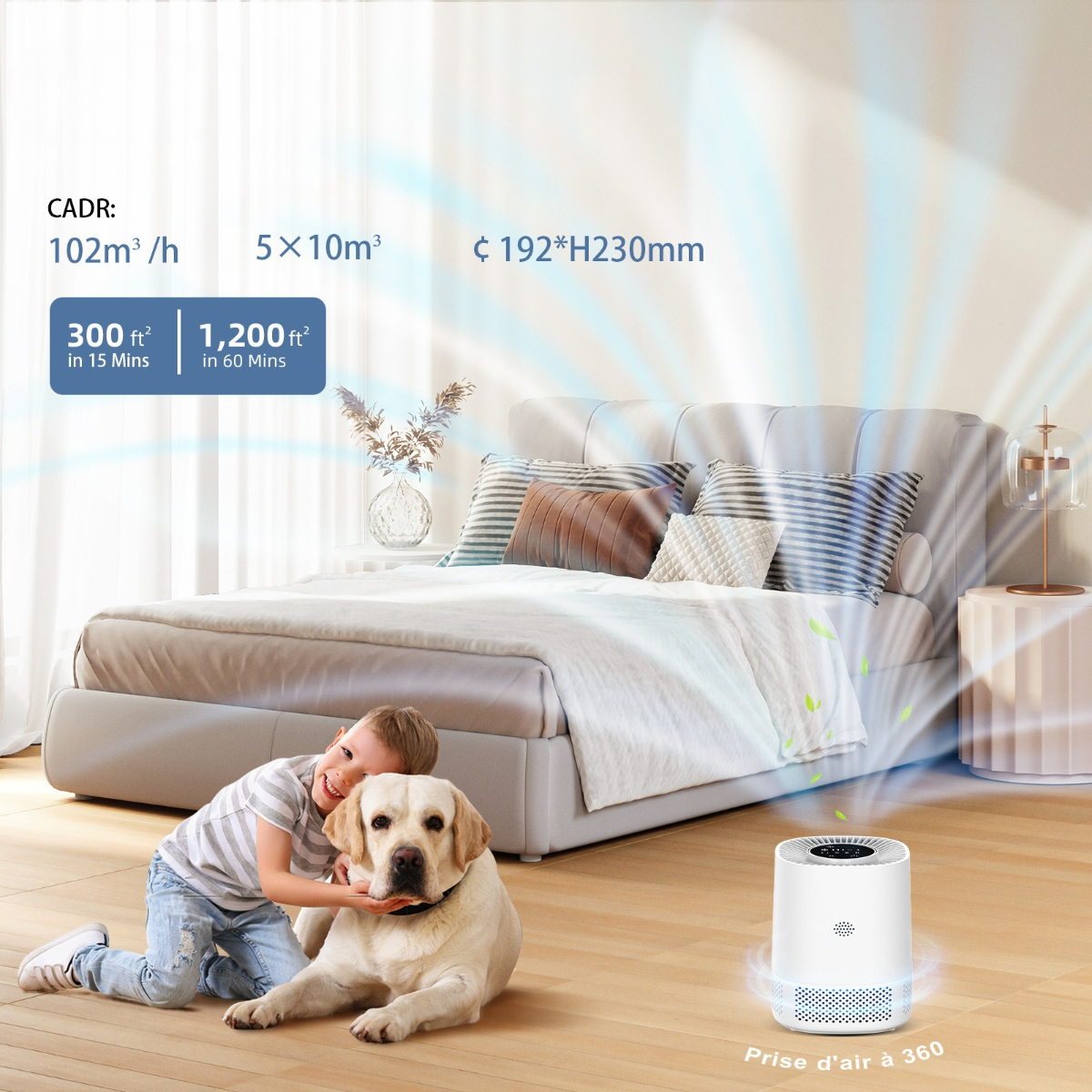 Ein Junge und ein Hund liegen neben einem Bett. Ein Luftreiniger steht neben dem Bett, mit Text oben.