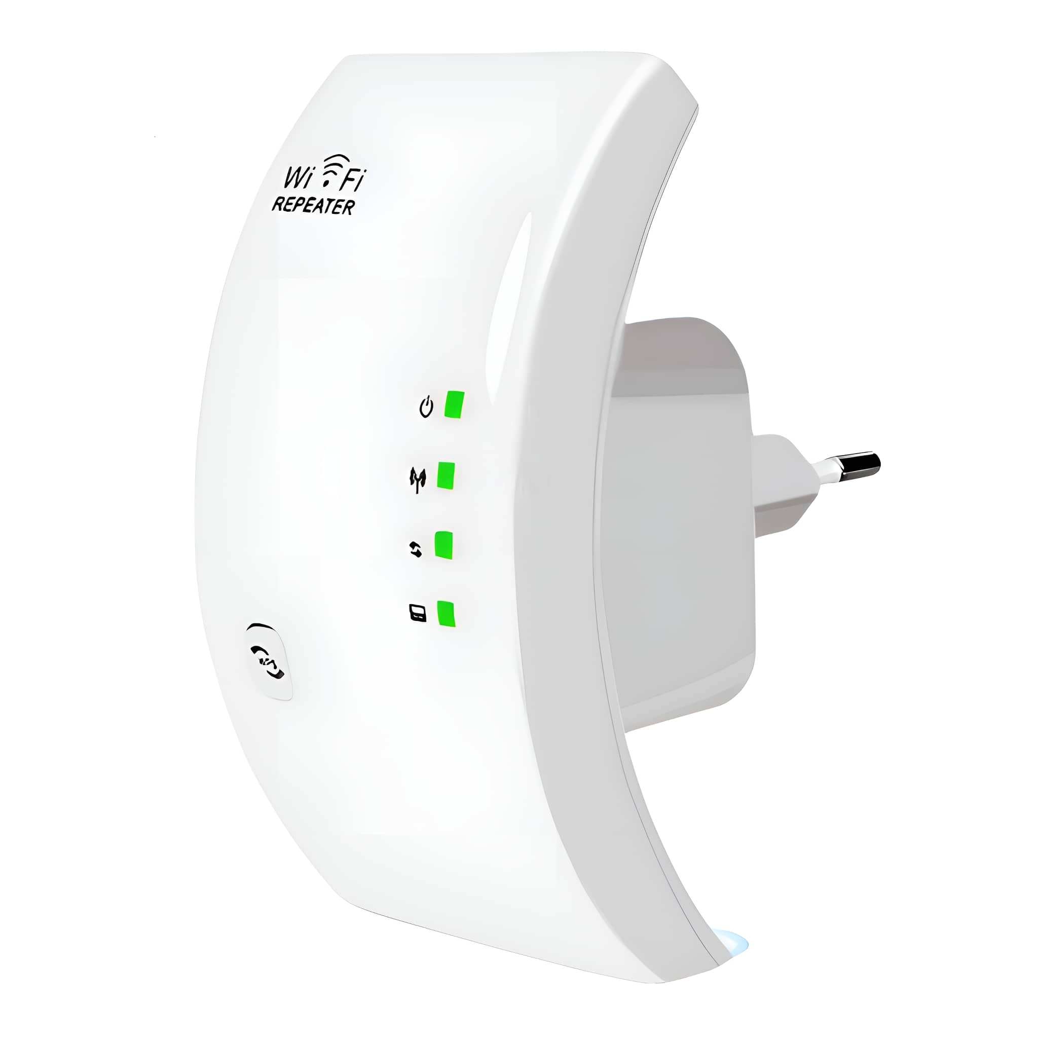 Weißer WLAN-Repeater, der an einer Wand steckt. Grüne Kontrollleuchten sind sichtbar.