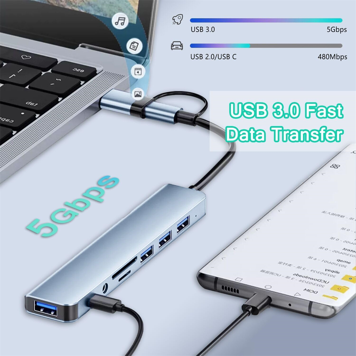 USB 3.0-Hub an Laptop und Telefon angeschlossen, Datenübertragungsinformationen.