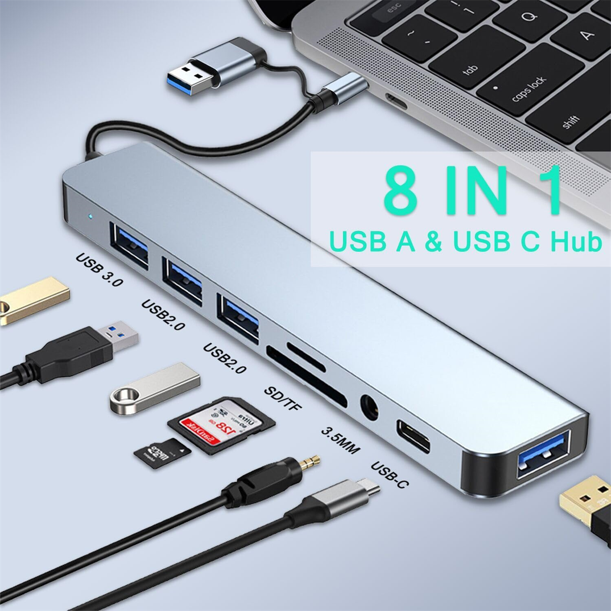 Ein 8-in-1-USB-Hub mit verschiedenen Anschlüssen und angeschlossenen Geräten.