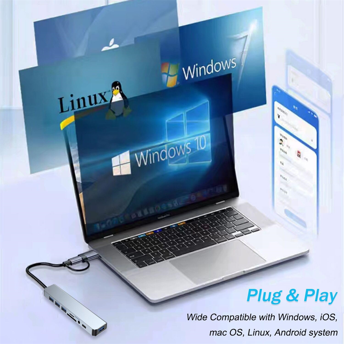 Laptop mit Hub verbunden, zeigt Windows, Linux und andere App-Symbole. Text: Plug & Play.
