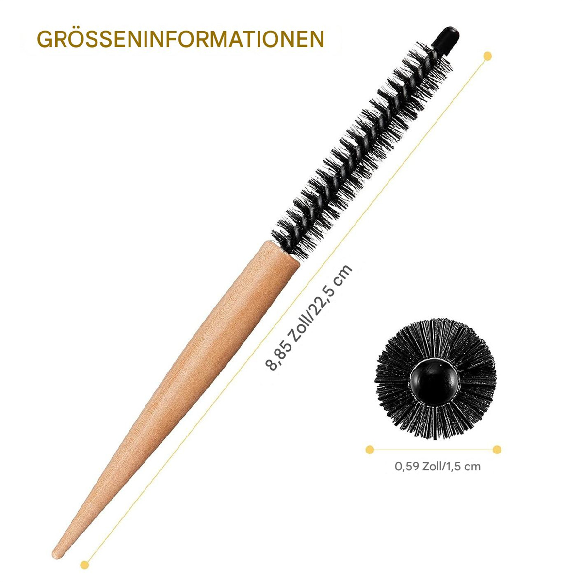 Runde Haarbürste mit Holzgriff und schwarzen Borsten, Maße in cm und Zoll angegeben.