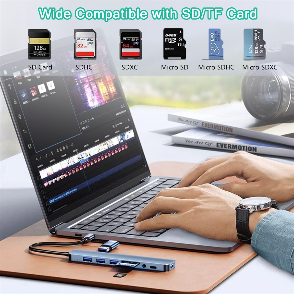 Laptop, der an einen Multi-Port-Adapter angeschlossen ist, mit verschiedenen SD- und Micro-SD-Karten.