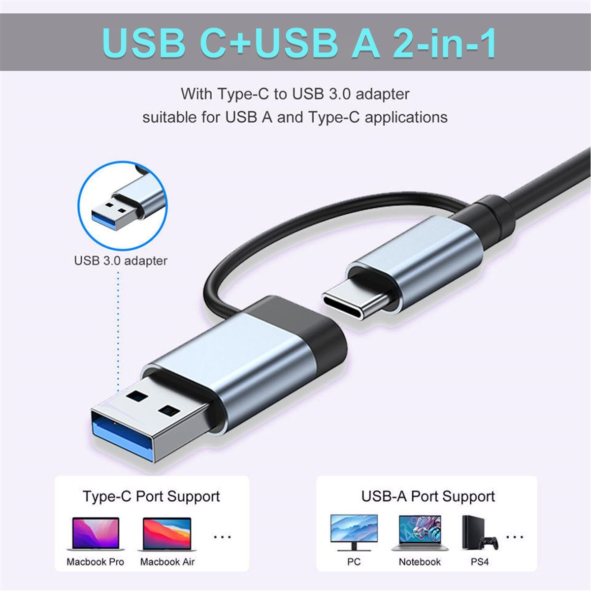 USB-C-zu-USB-A-Adapterkabel. USB-3.0-Adapter mit Portunterstützungs-Symbolen.
