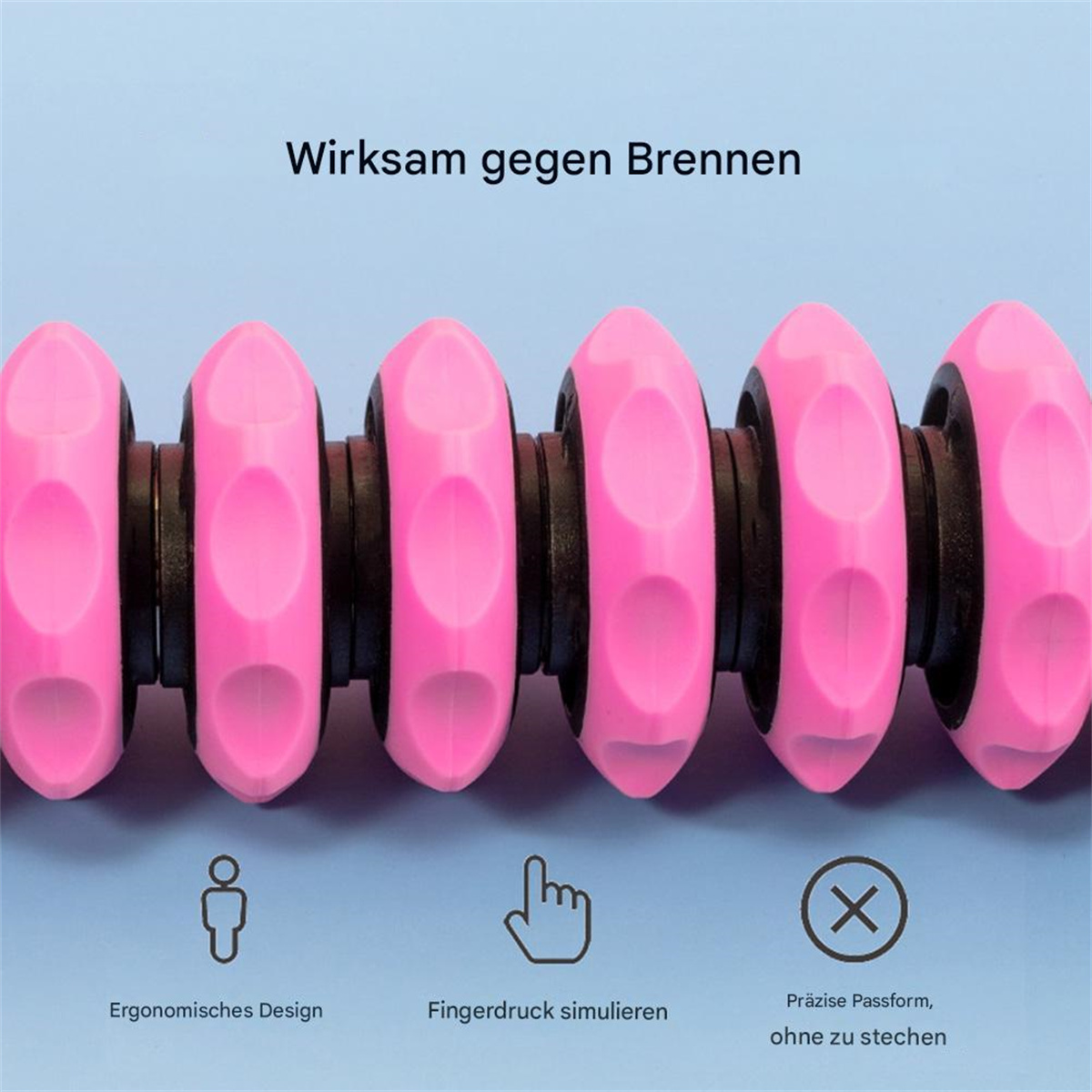 Rosa Massage-Werkzeug mit schwarzen Abschnitten. Text sagt 'Ergonomisches Design' und 'Fingerdruck simulieren'.