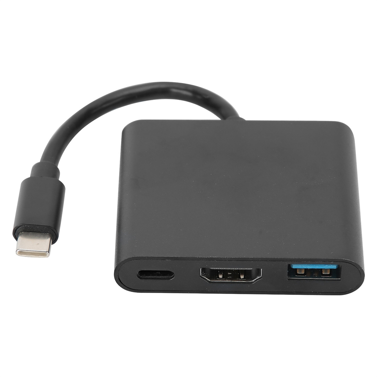 Schwarzer USB-C-Hub mit HDMI- und USB-Anschlüssen.