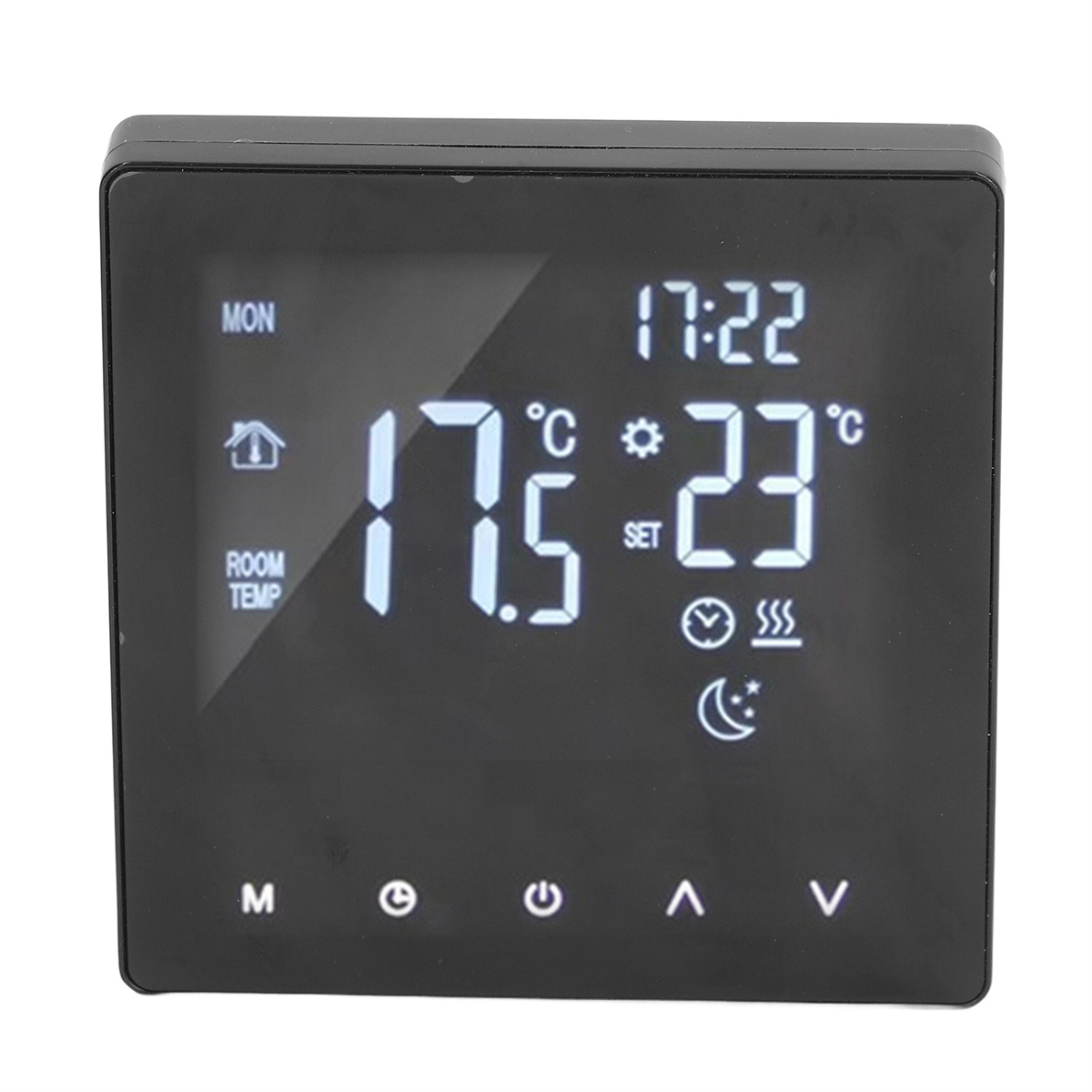 Ein schwarzes Thermostat mit digitaler Anzeige. Die Anzeige zeigt Temperatur, Uhrzeit und Einstellungen.