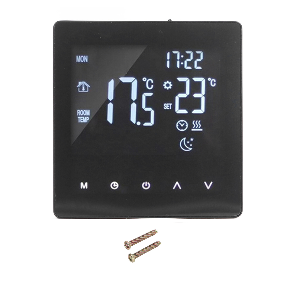 Ein schwarzer digitaler Thermostat mit Anzeige von Uhrzeit und Temperatur, plus zwei Schrauben.