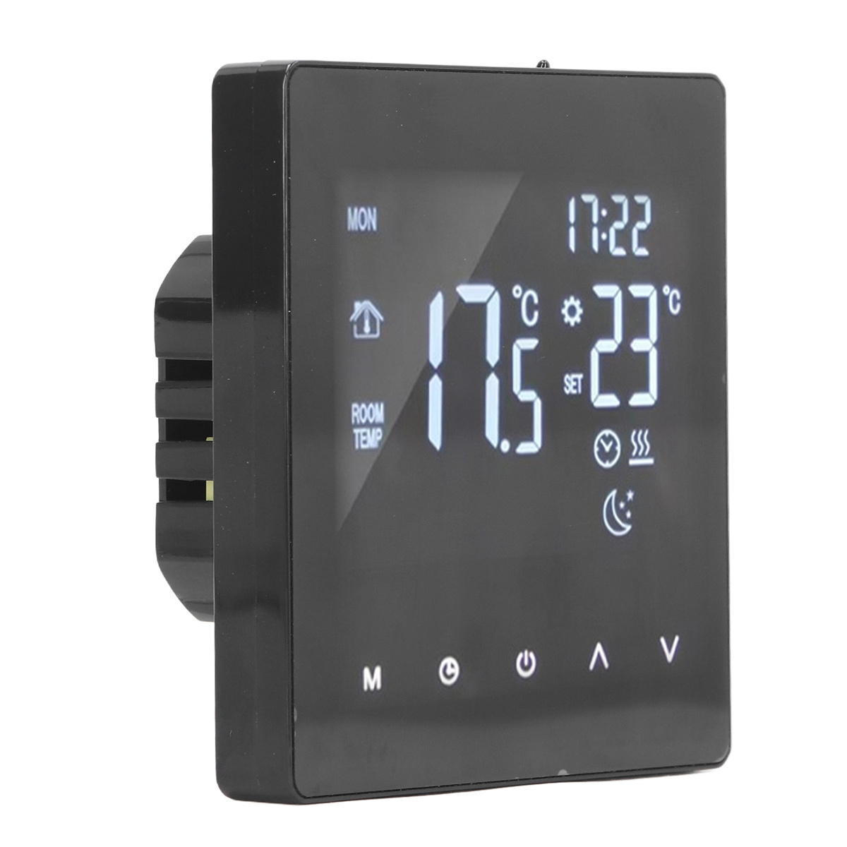 Schwarzer quadratischer Thermostat mit Digitalanzeige, zeigt Zeit, Temperatur und Einstellungen.