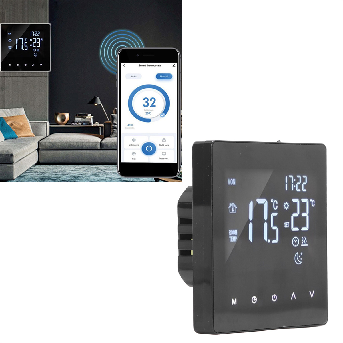 Ein schwarzer Thermostat mit Temperaturanzeige und Smartphone mit Einstellungen.