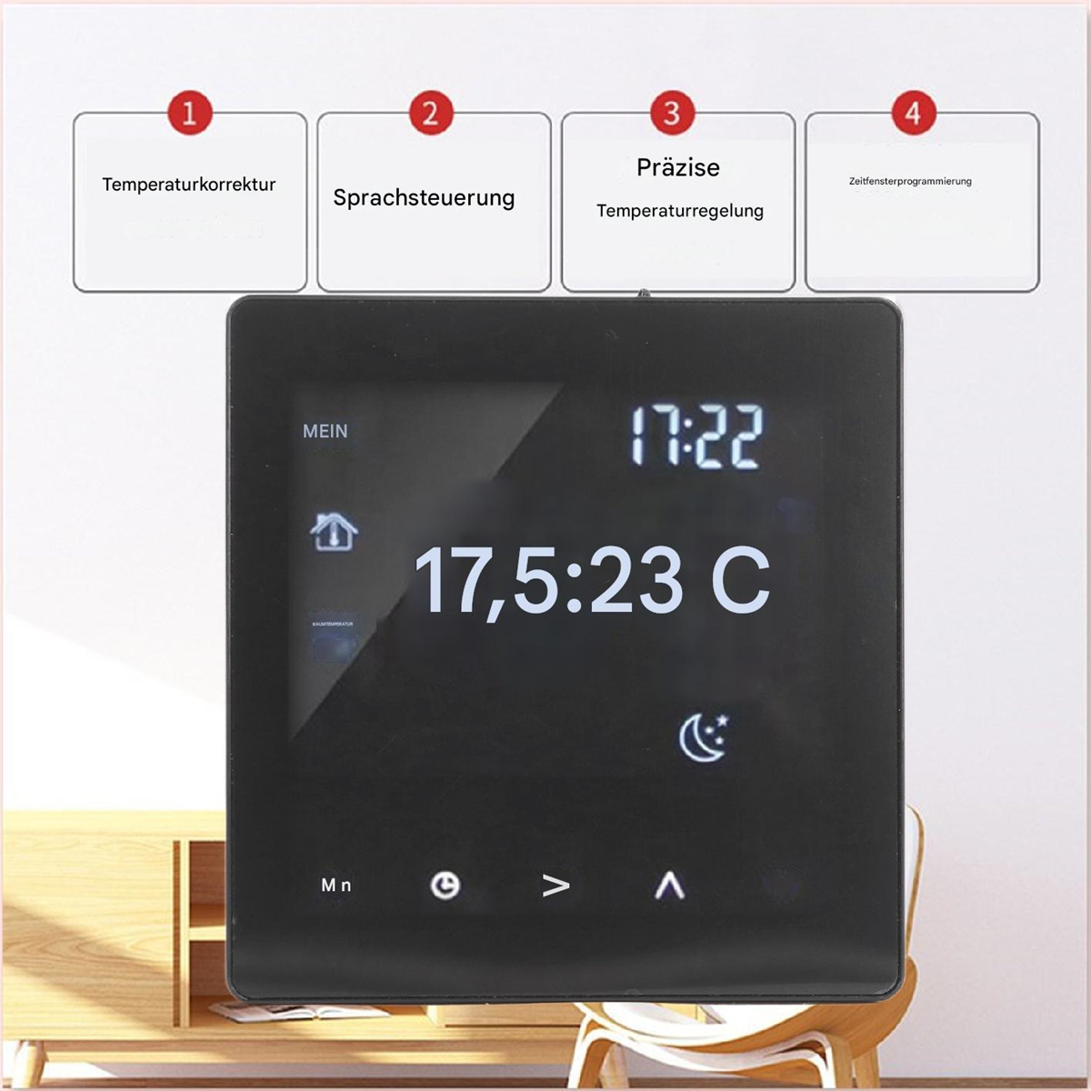 Schwarzes Thermostat-Bedienfeld mit Zeit, Temperatur und Einstellungsoptionen.