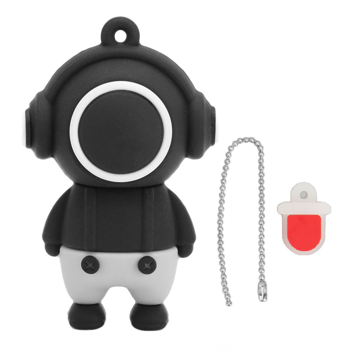 Schwarzer USB-Stick mit Cartoon-Figur. Es ist ein Taucher. Weiße und rote Akzente. Weißer Hintergrund.