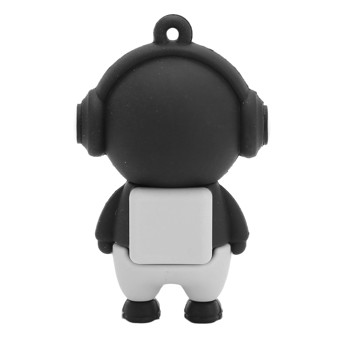 Ein schwarz-weißer USB-Stick in Panda-Form mit Kopfhörern auf dem Kopf.