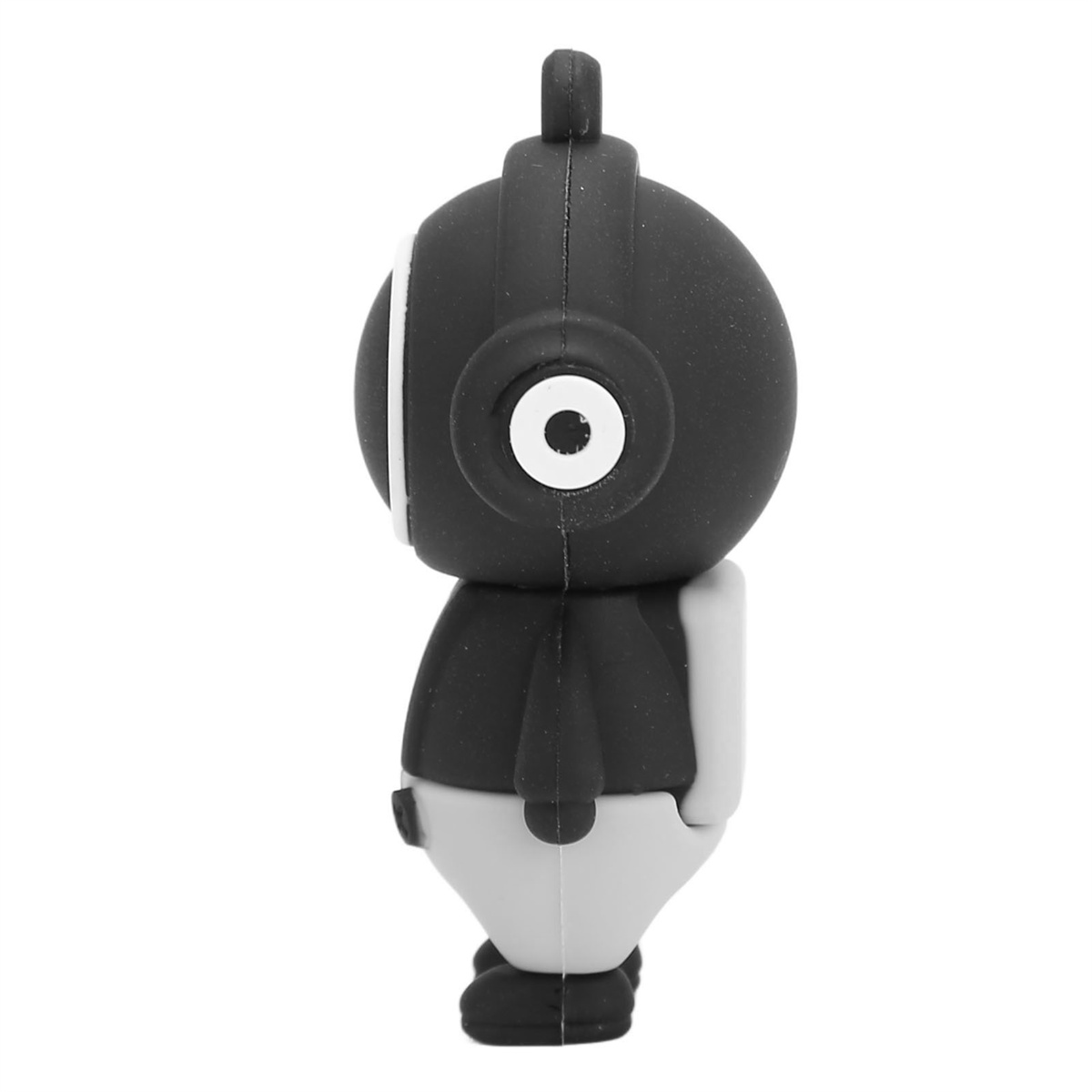 Ein schwarz-weißer Cartoon-Astronaut-USB-Stick. Er steht aufrecht und hat einen weißen Rucksack.