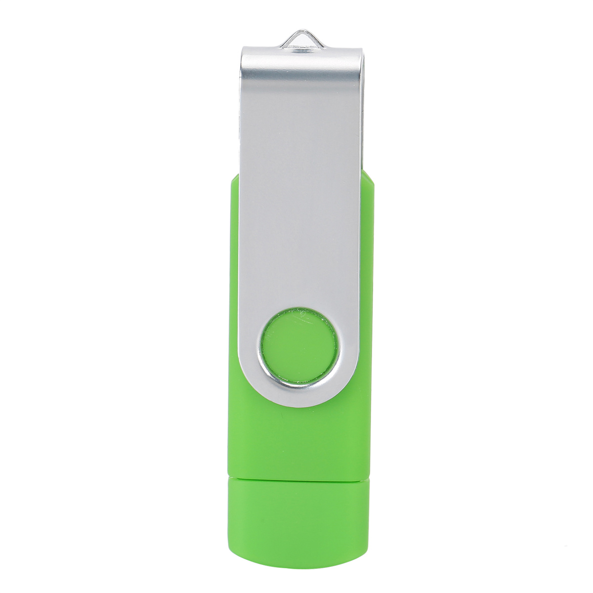 Ein grüner und silberner USB-Stick mit einer drehbaren silbernen Metallschlaufe auf weißem Hintergrund.