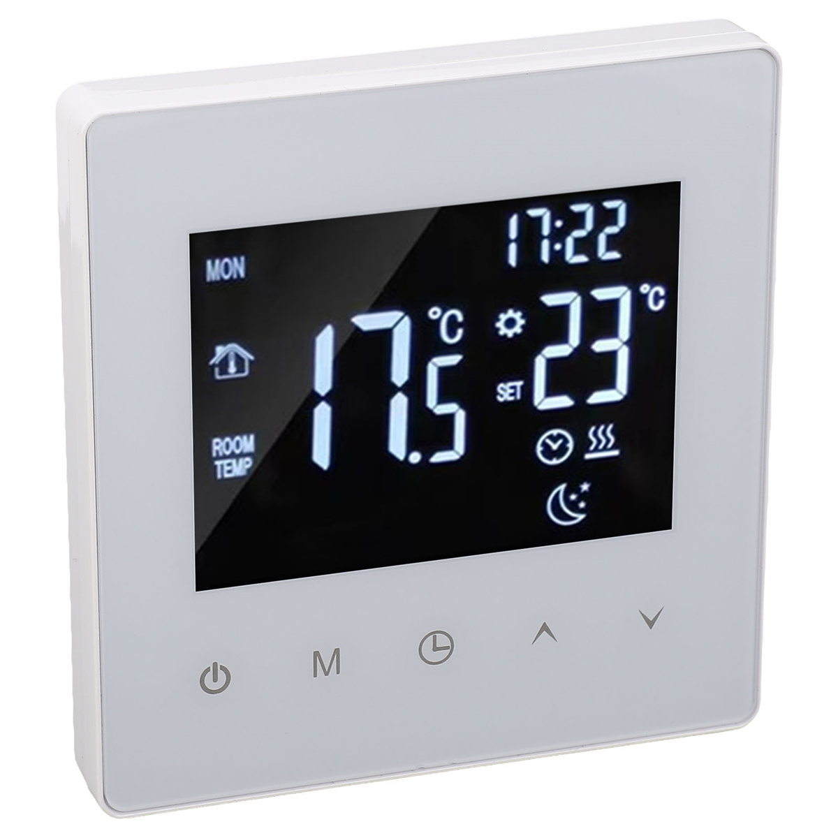 Ein weißes Thermostat mit digitaler Anzeige, die Zeit, Temperatur und Einstellungen anzeigt, mit Tasten darunter.